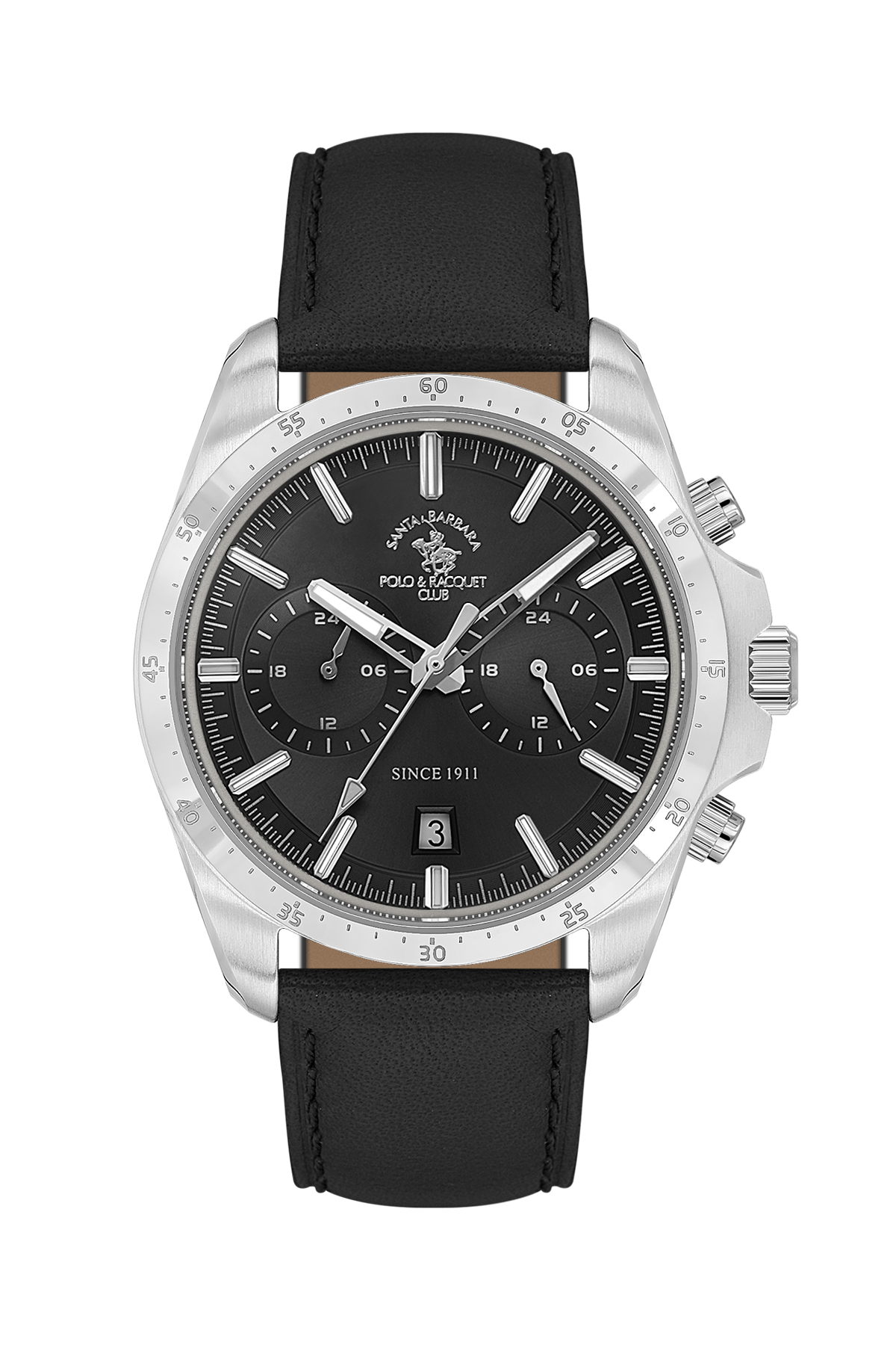 A Polynauts Club wristwatch with a black leather strap, a silver stainless steel case, and a black dial featuring three sub-dials and a tachymeter bezel.