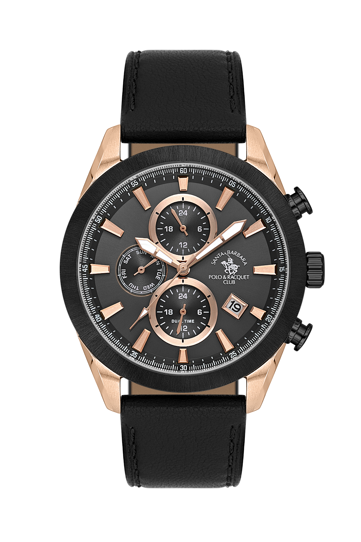 A men's chronograph watch by Port & Company, featuring a black leather strap, a black dial with rose gold accents, and a black bezel with rose gold case sides.