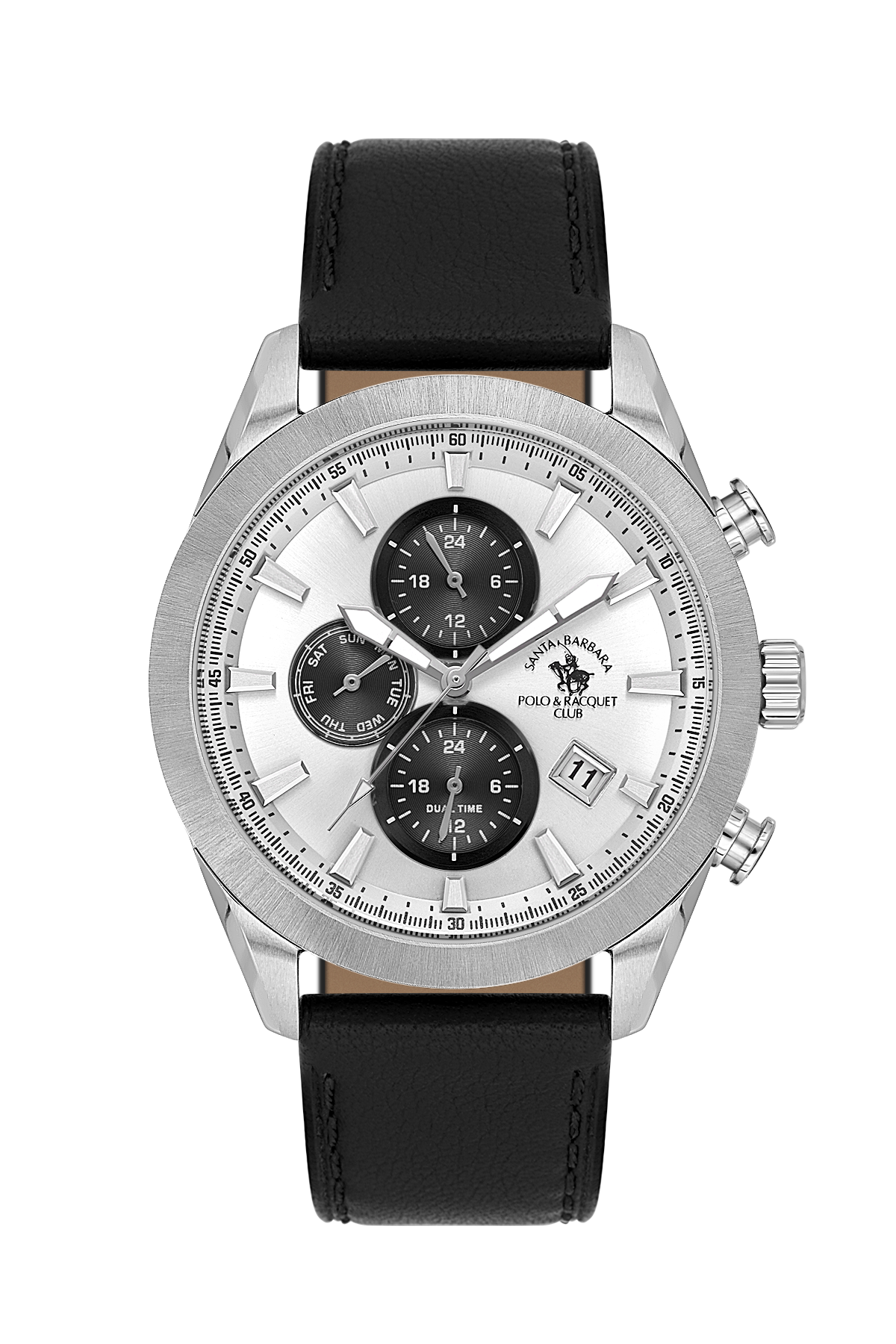 A luxury chronograph watch by Pure Craft, featuring a silver stainless steel case, a white dial with black sub-dials, and a black leather strap.