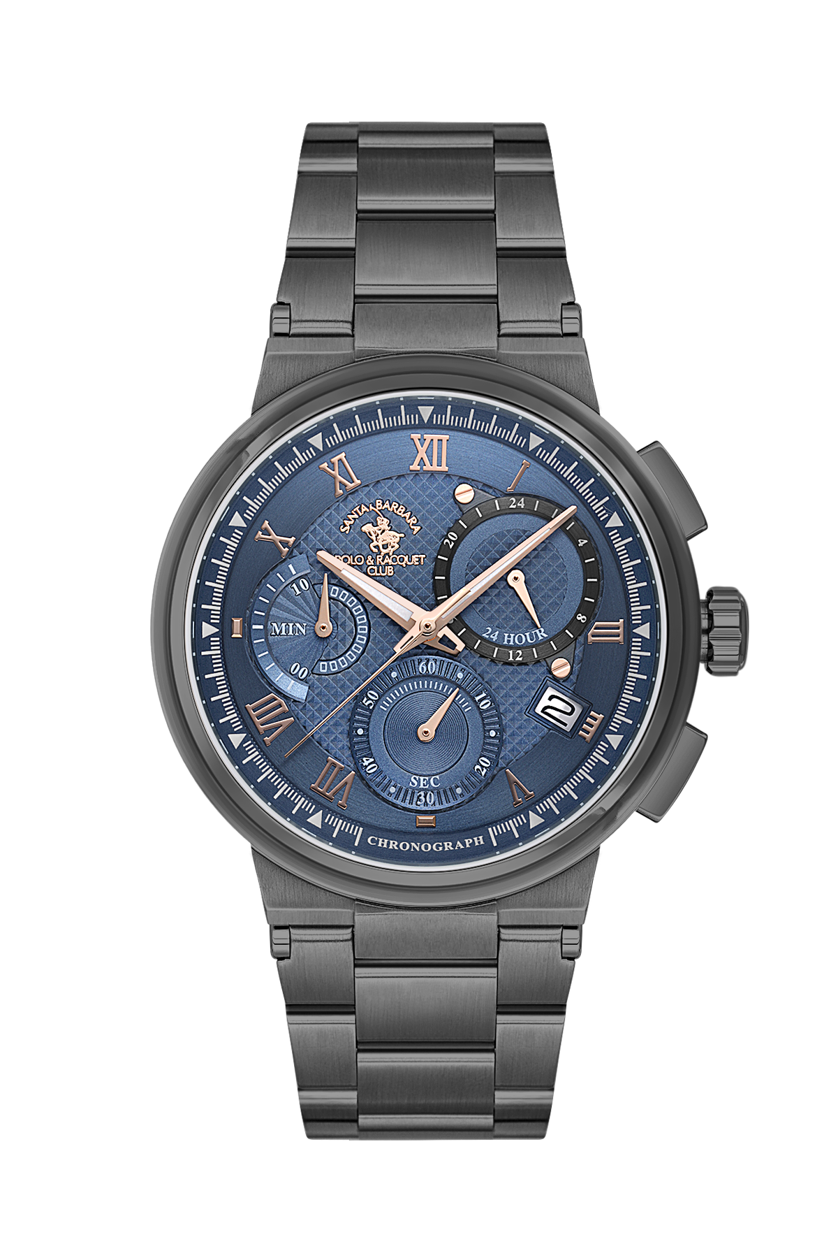 A men's chronograph watch with a dark gray metal case and link bracelet, featuring a textured blue dial with Roman numerals and rose gold-tone hands.