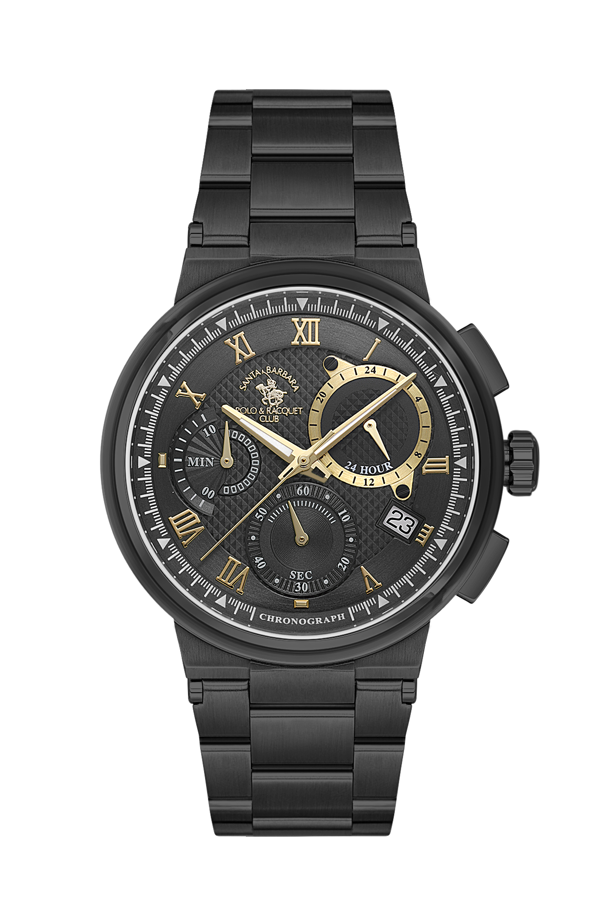 A luxury chronograph watch by Cartier, featuring a black stainless steel case and integrated bracelet, with a black dial accented by gold-tone hands, Roman numerals, and sub-dials.