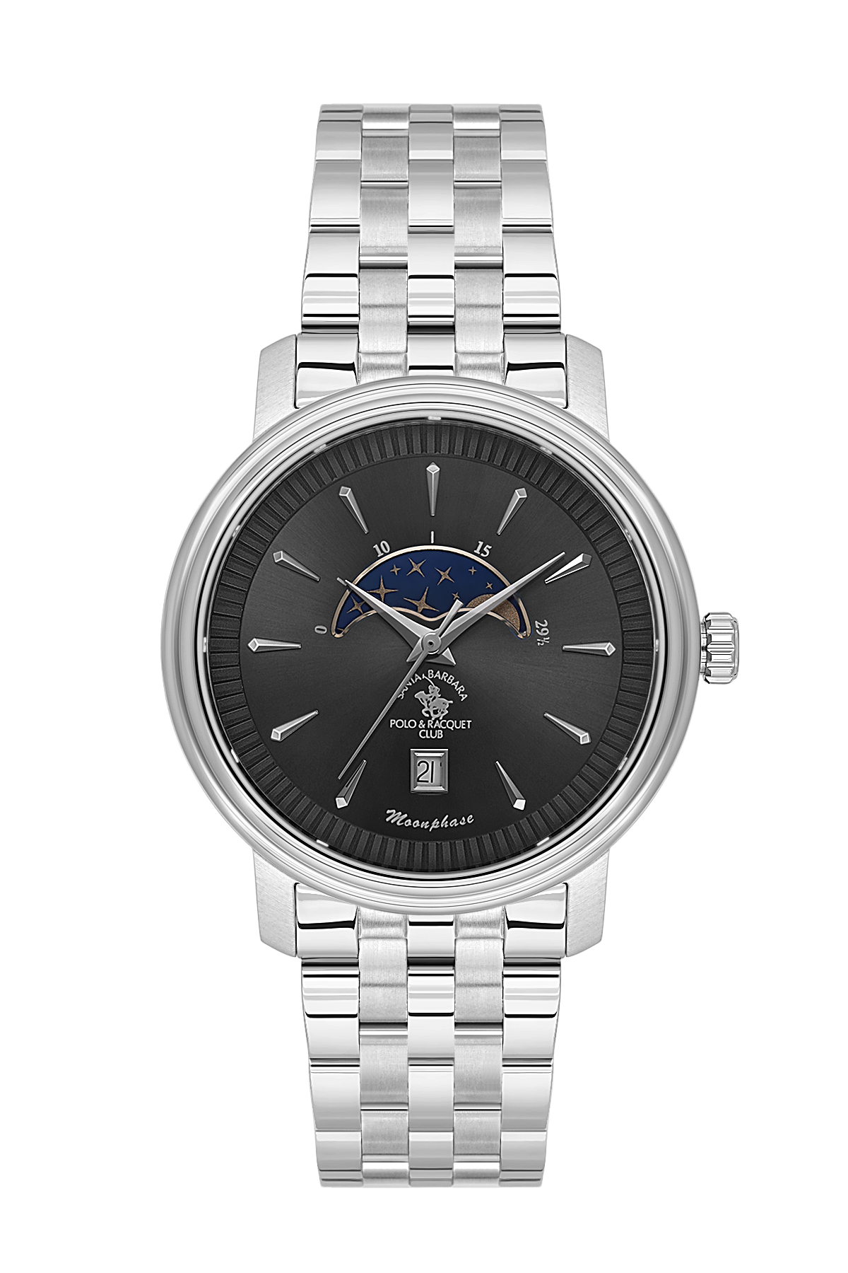 A silver stainless steel wristwatch with a black dial, featuring a moonphase indicator, date window, and silver link bracelet on a white background.