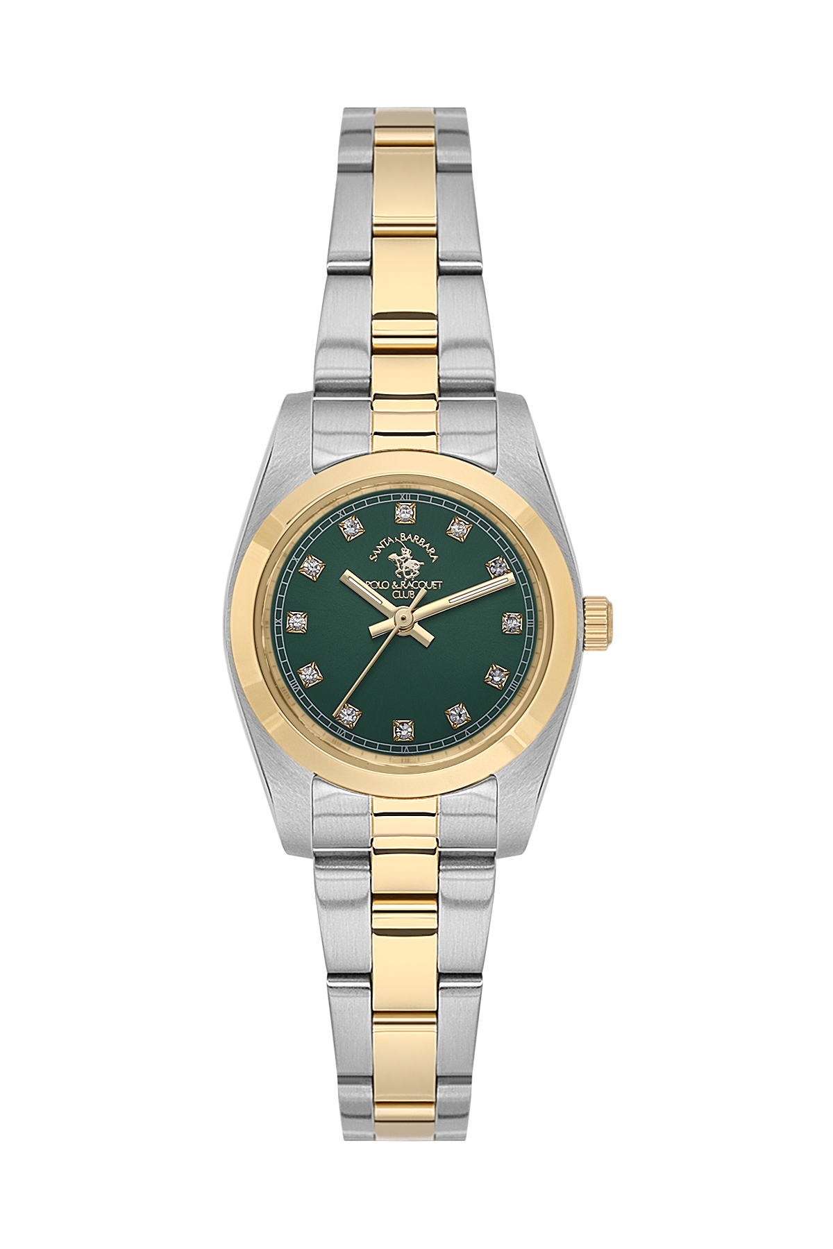 Two-tone watch with green dial and gold accents on a white background