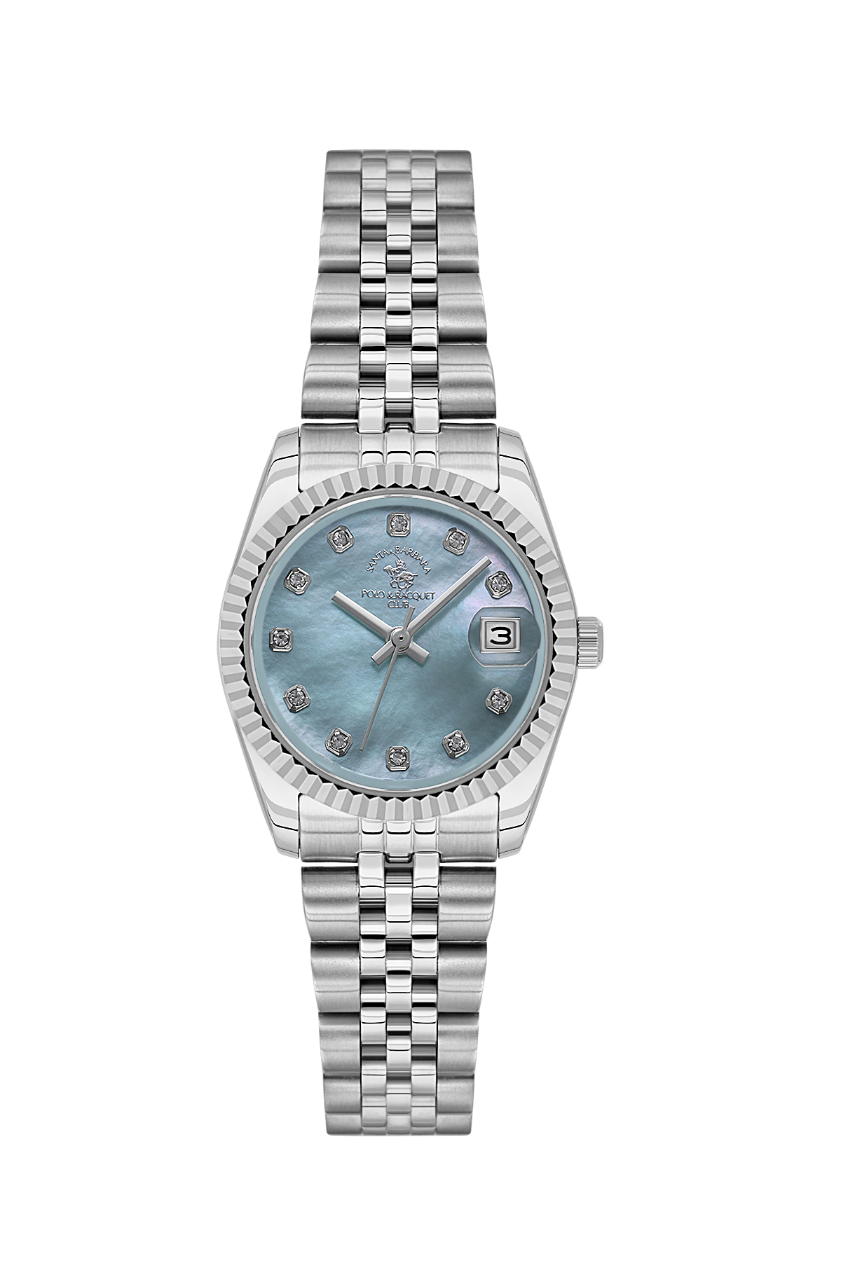 Silver watch with a light blue face on a white background