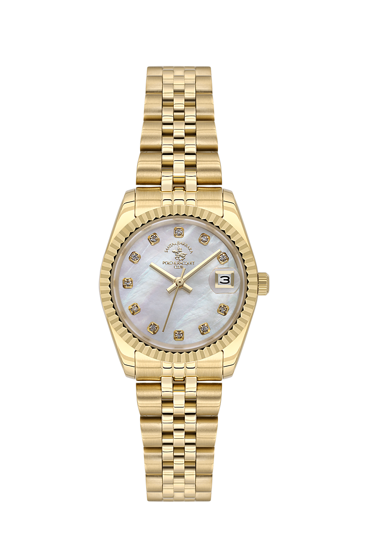 Gold wristwatch with a white face on a white background