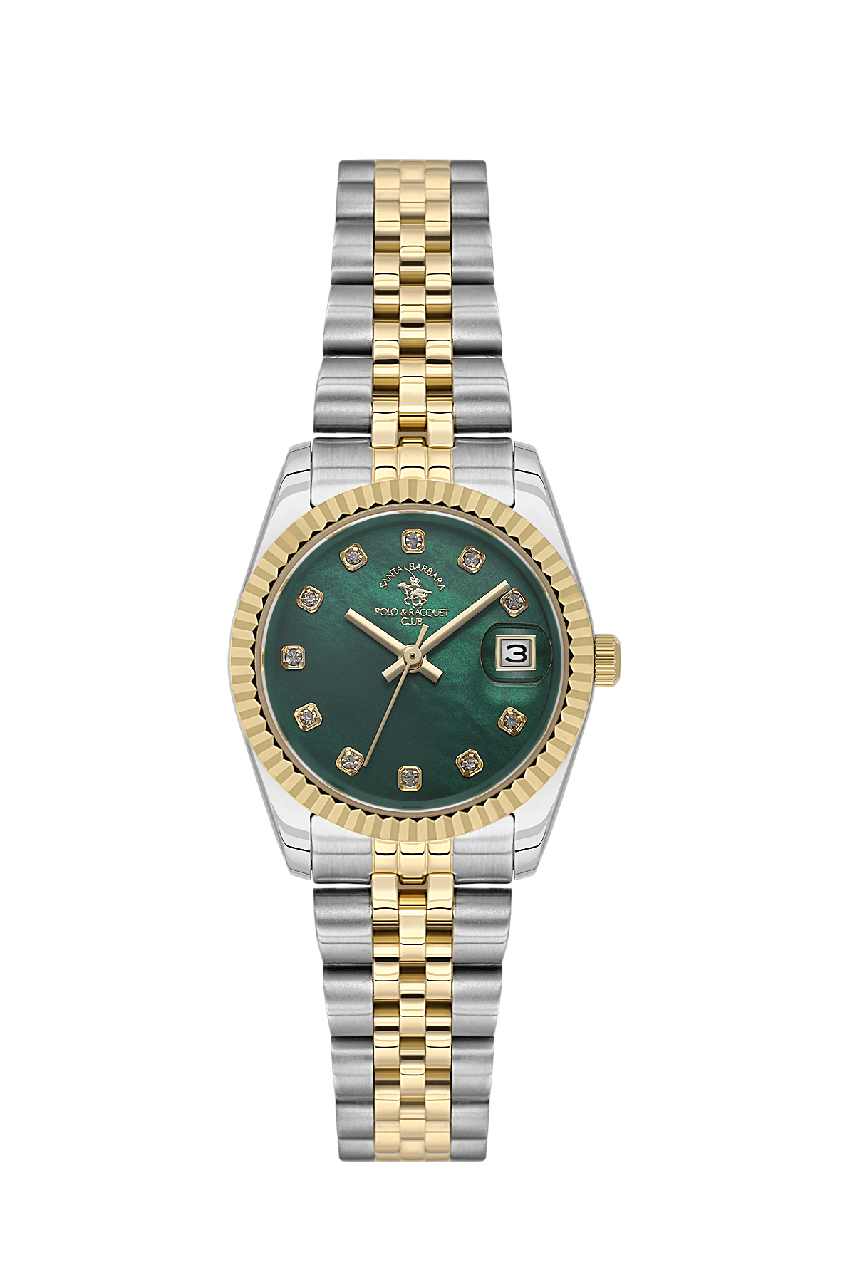 Two-tone watch with green dial on a white background