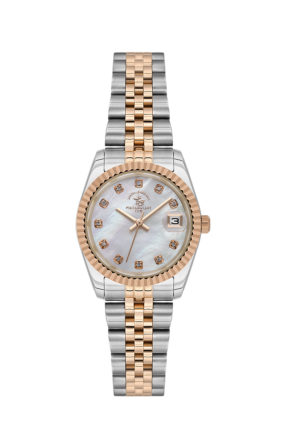 Two-tone watch with a silver and rose gold band on a white background