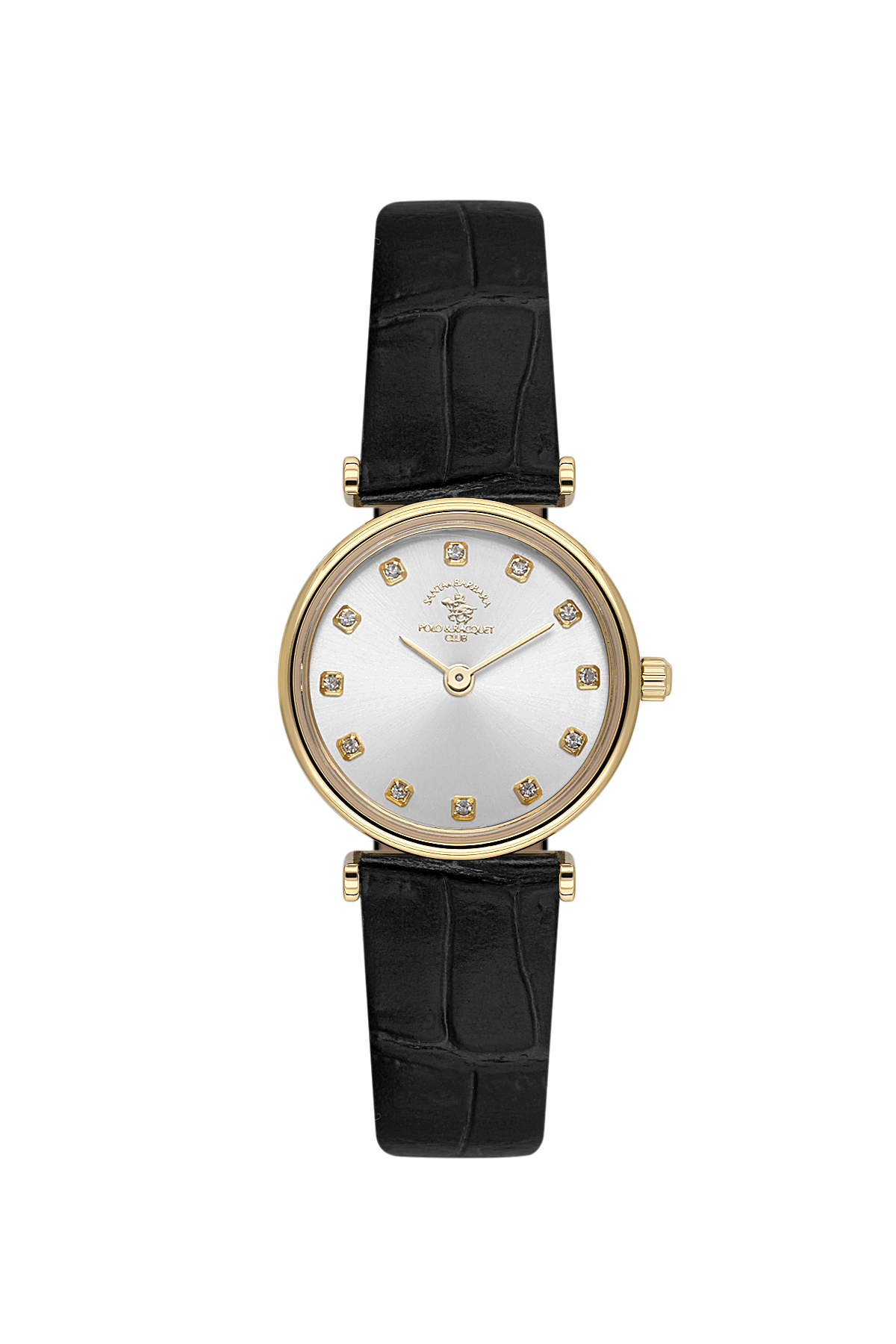 Gold watch with black leather strap on a white background