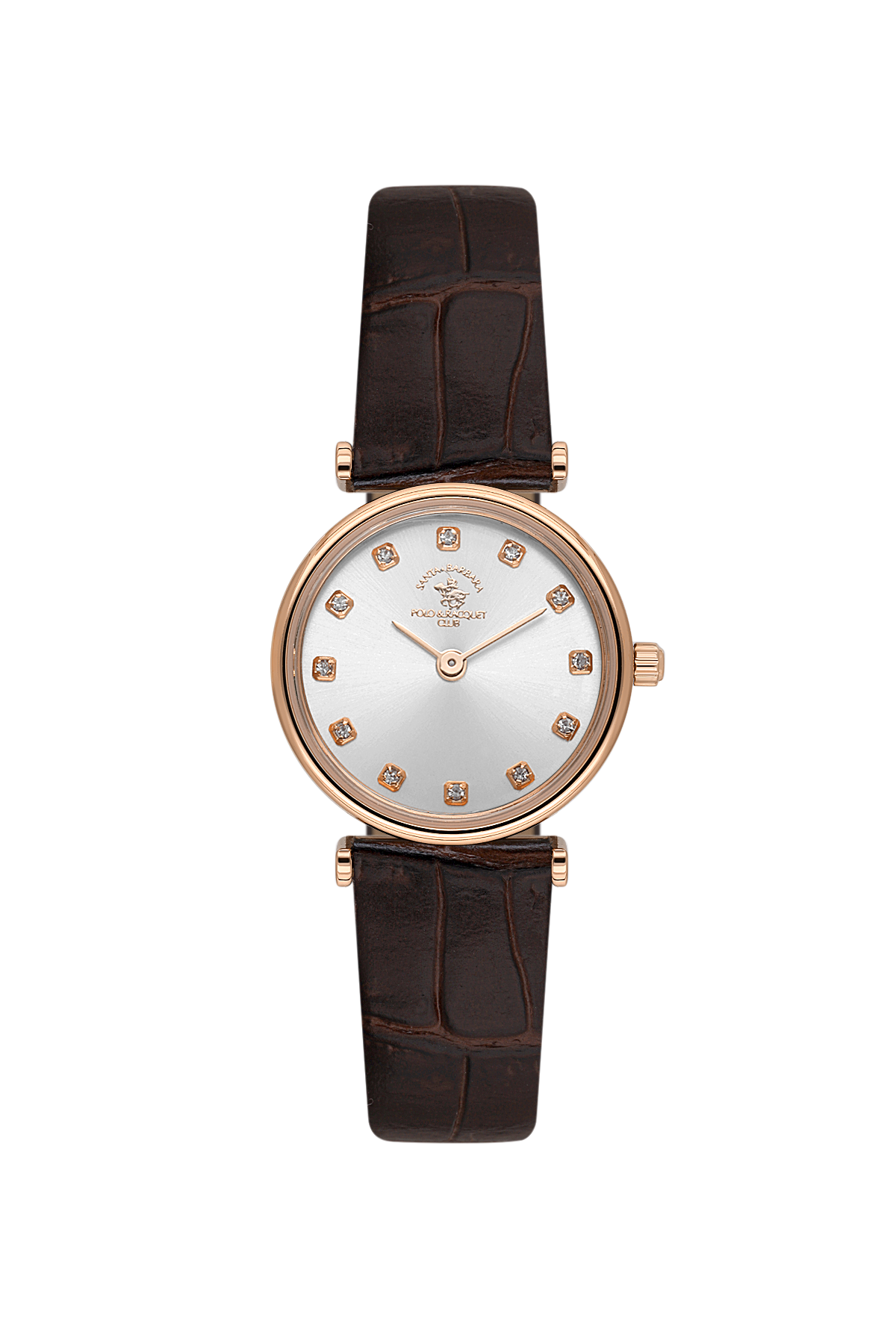 Watch with brown leather strap and rose gold case on white background