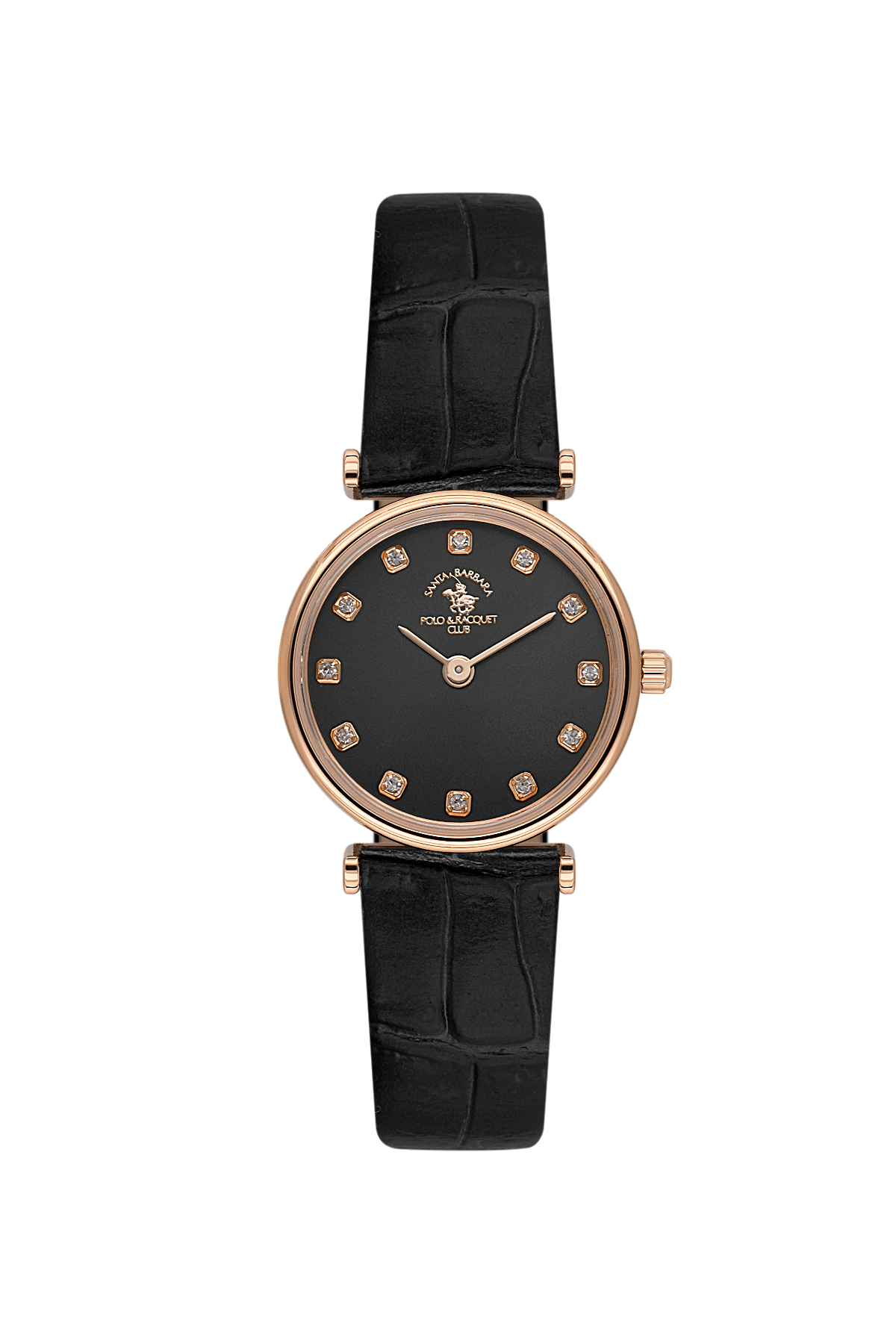 Black watch with rose gold case and black leather strap on white background