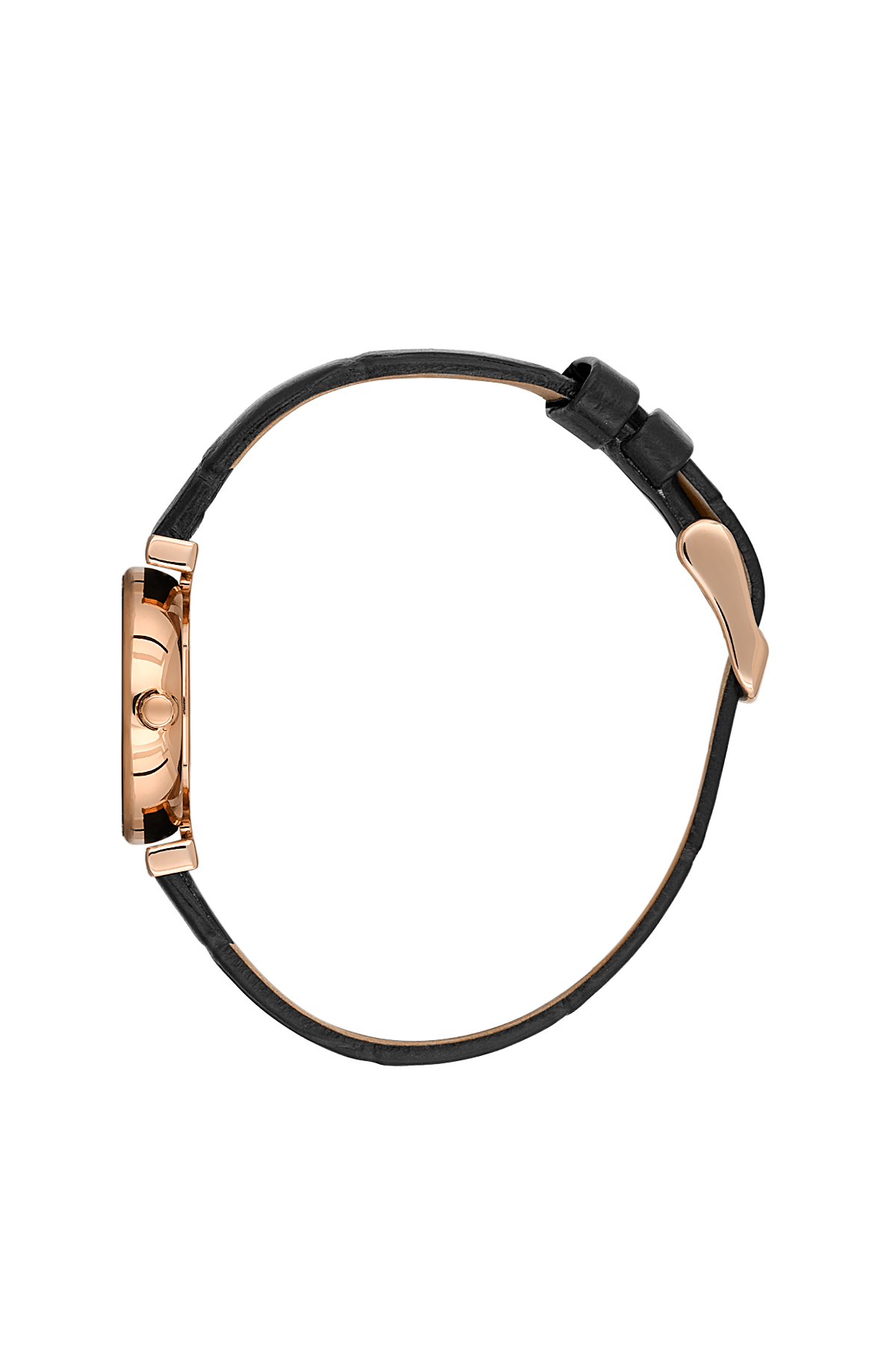 Close-up of a watch with a black strap and rose gold case on a white background