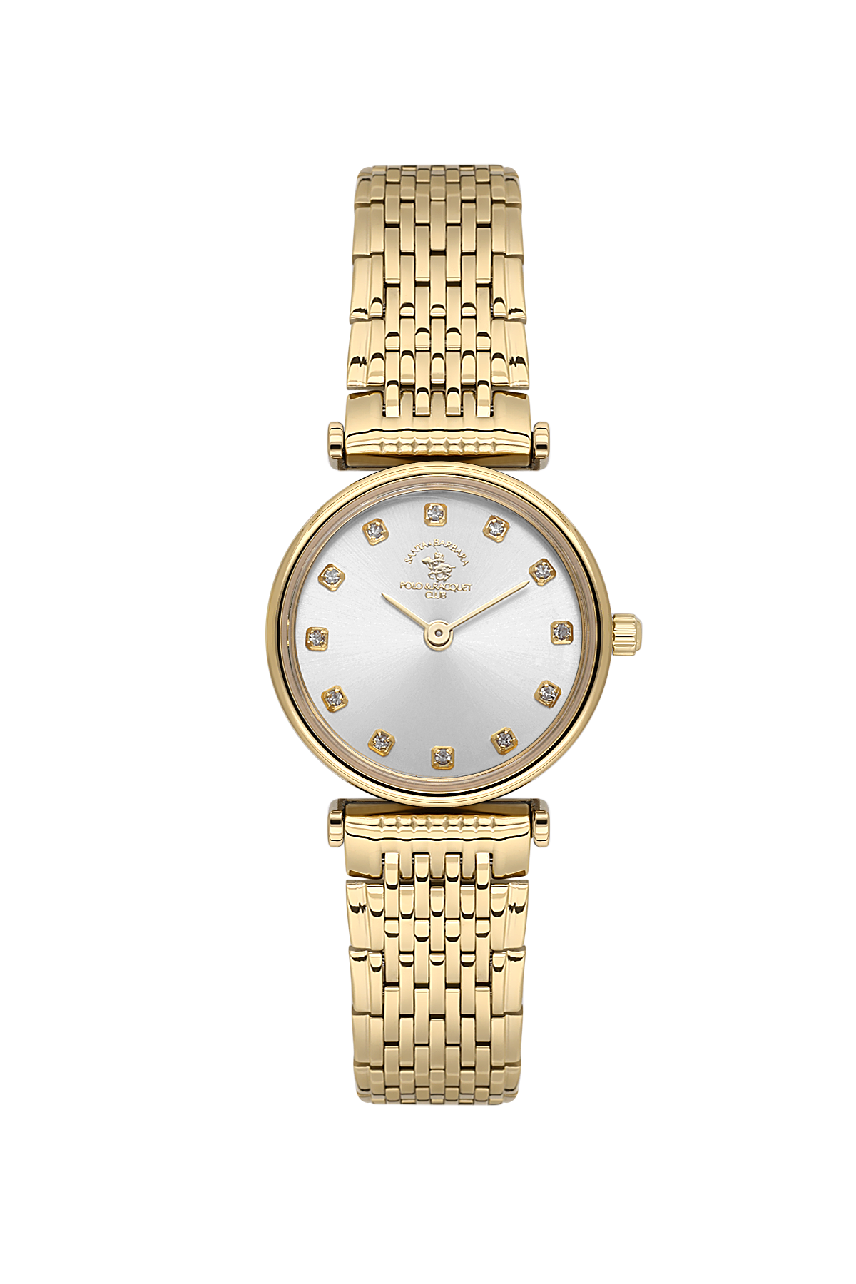 Gold wristwatch with a white face on a white background