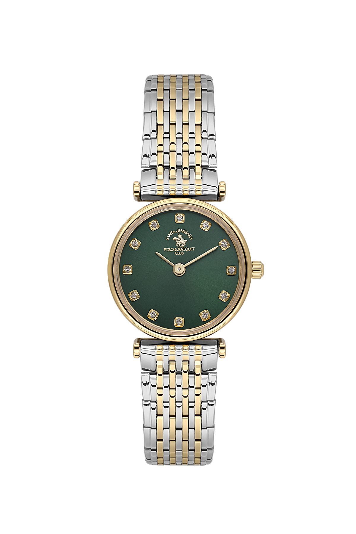 Two-tone watch with green dial and diamond accents on a white background