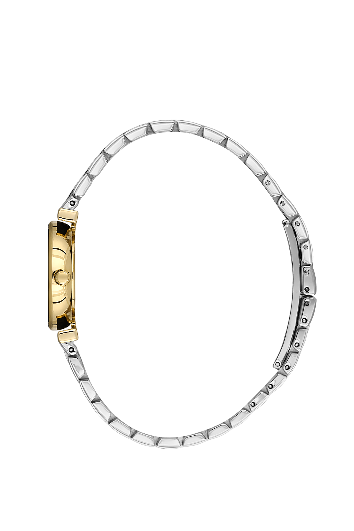 Two-tone watch with gold and silver band on a white background