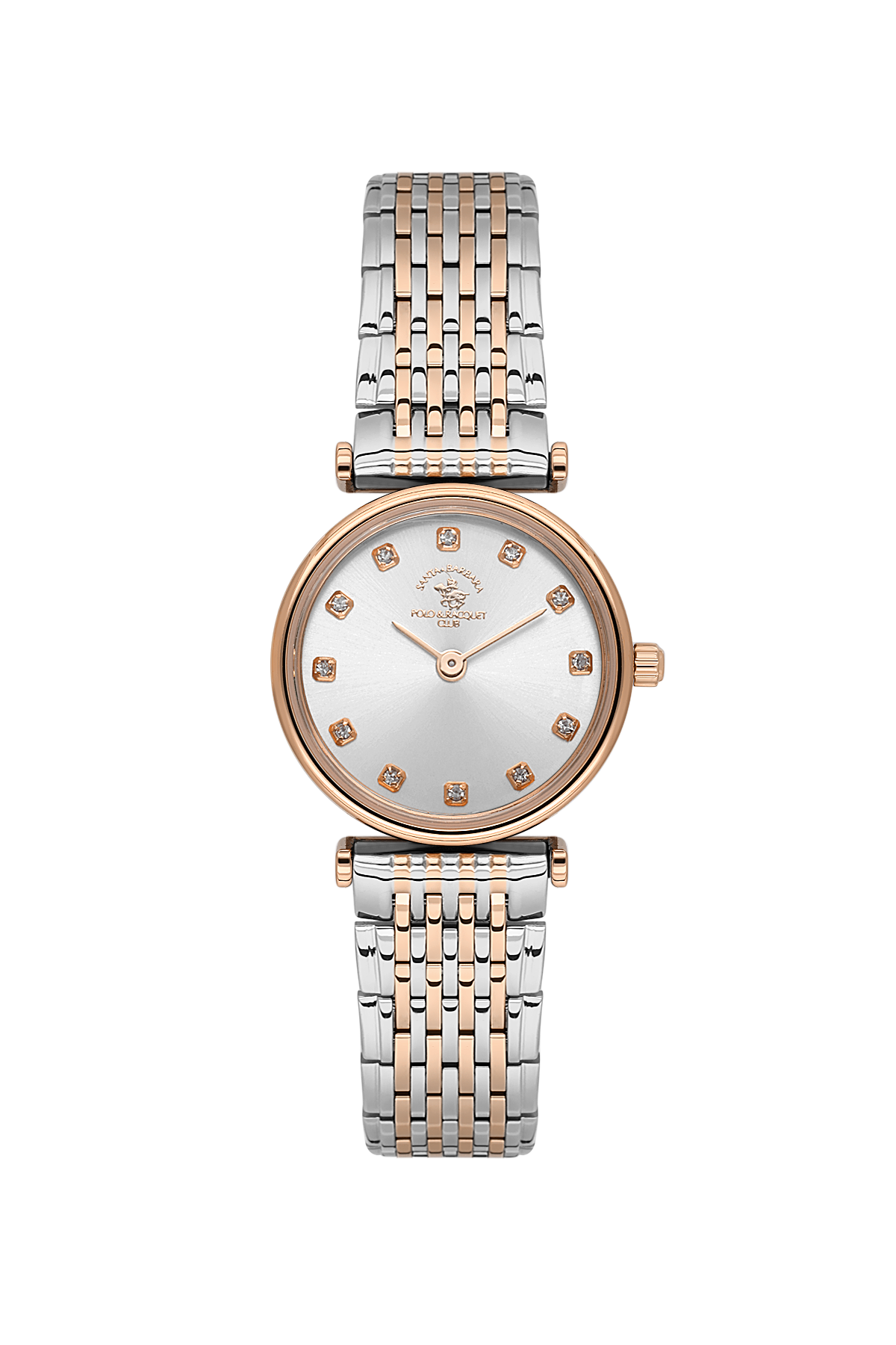 Two-tone watch with rose gold and silver band on a white background