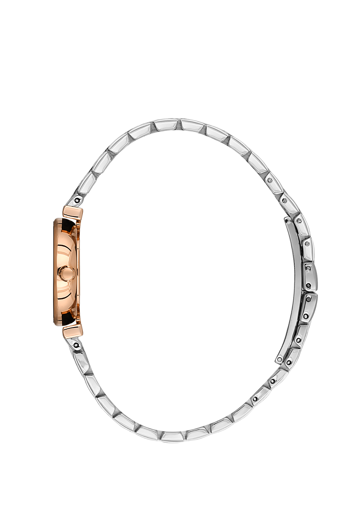 Silver bracelet with rose gold accents on a white background