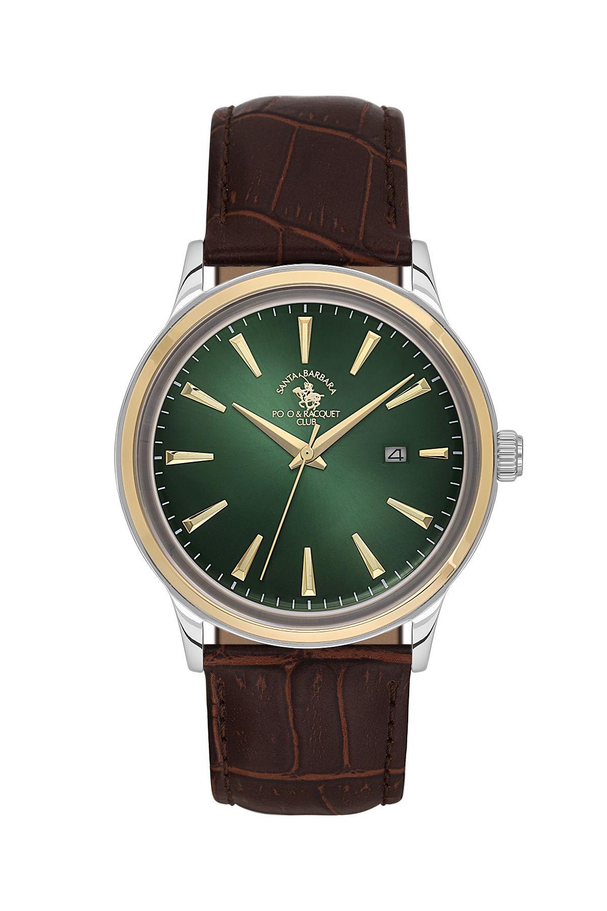 Watch with green dial and brown leather strap on white background