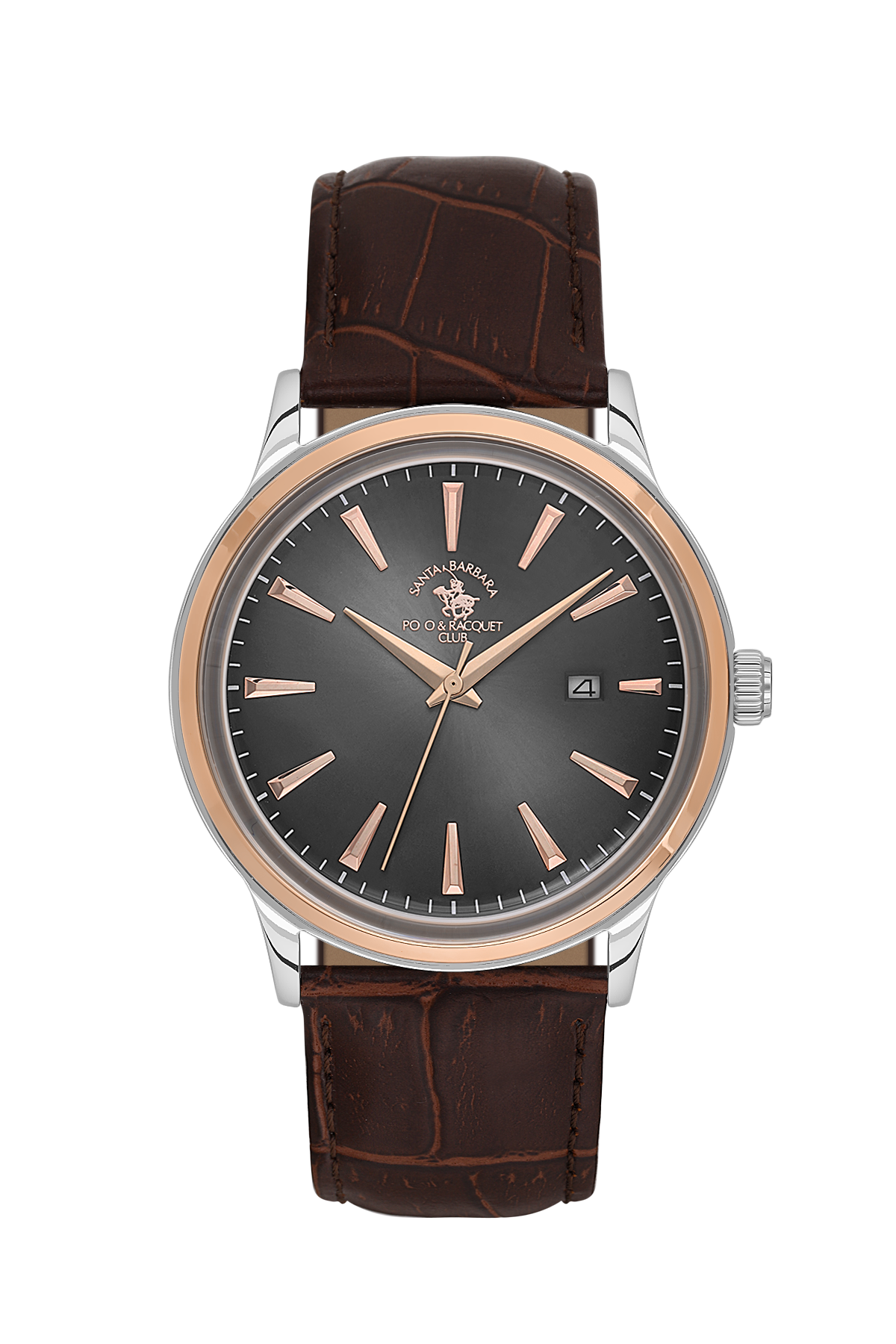 Watch with brown leather strap and black dial on a white background