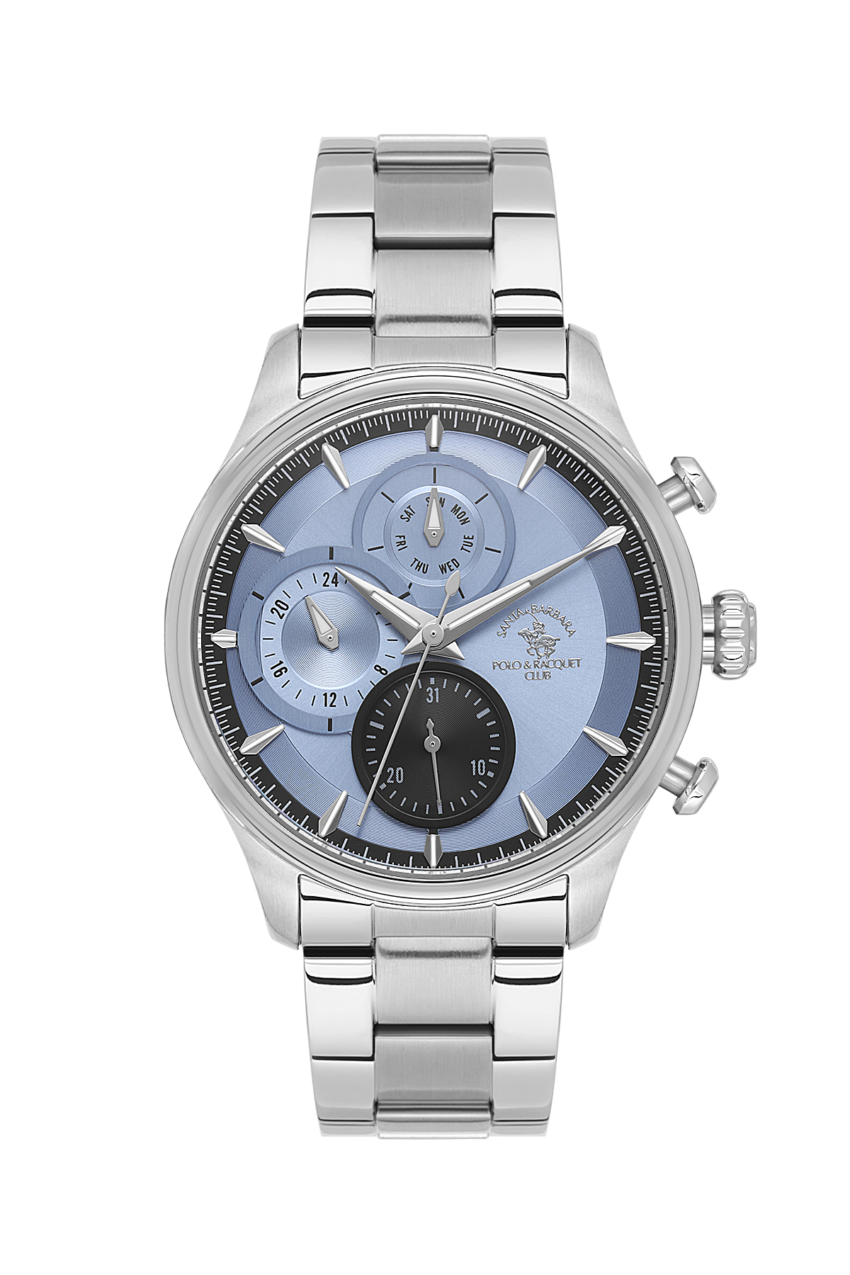 Silver watch with a blue face on a white background