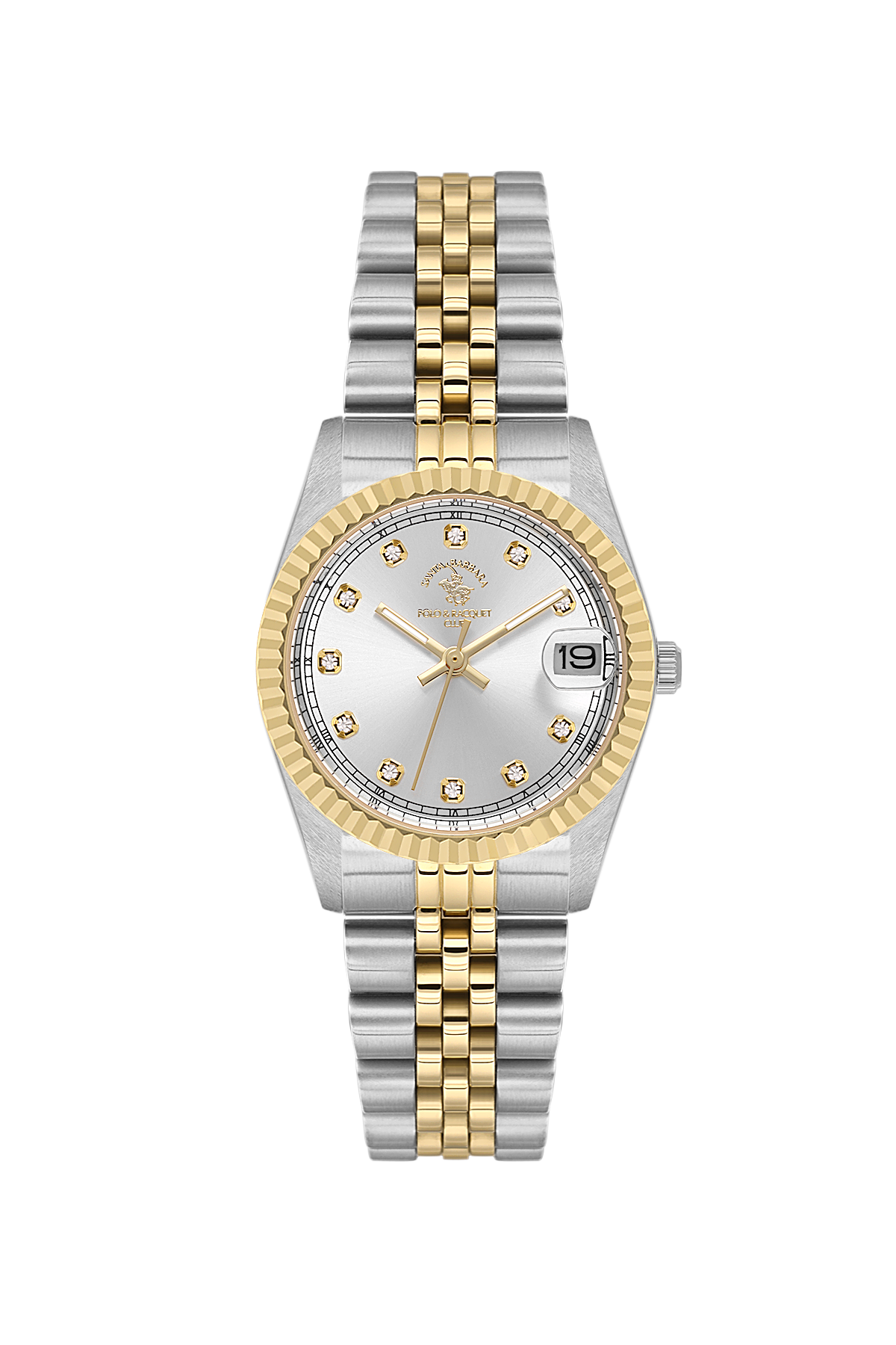 Two-tone silver and gold watch with a white face on a white background