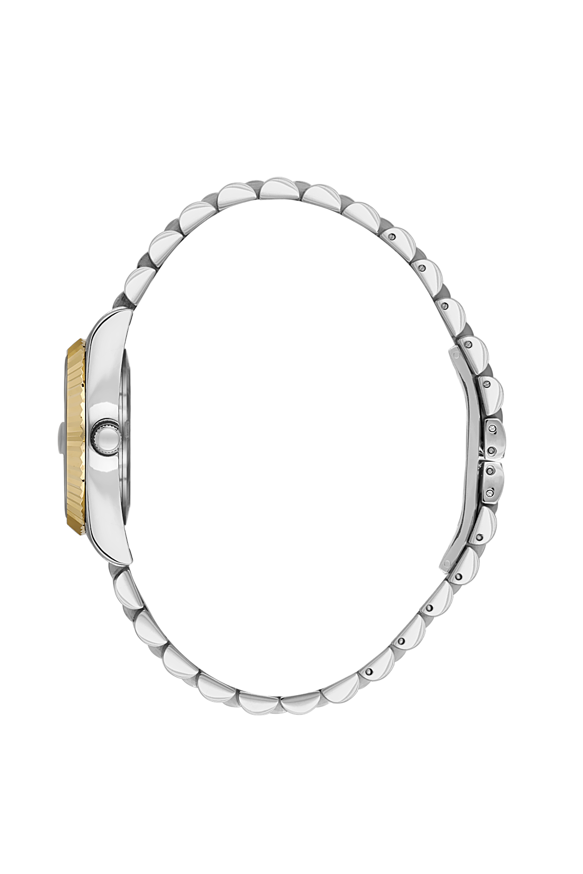 Close-up of a watch with a gold case and silver beaded band on a white background
