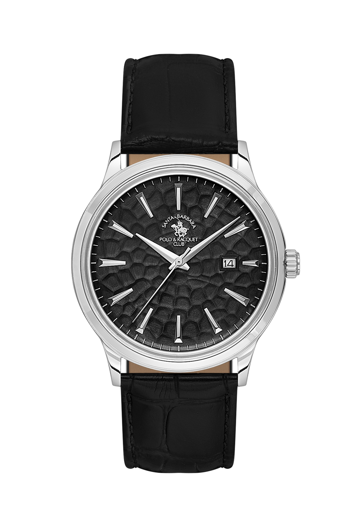 A luxury wristwatch by Paul Clouet, featuring a textured black dial, silver-tone case, and a black alligator leather strap, shown against a solid white background.