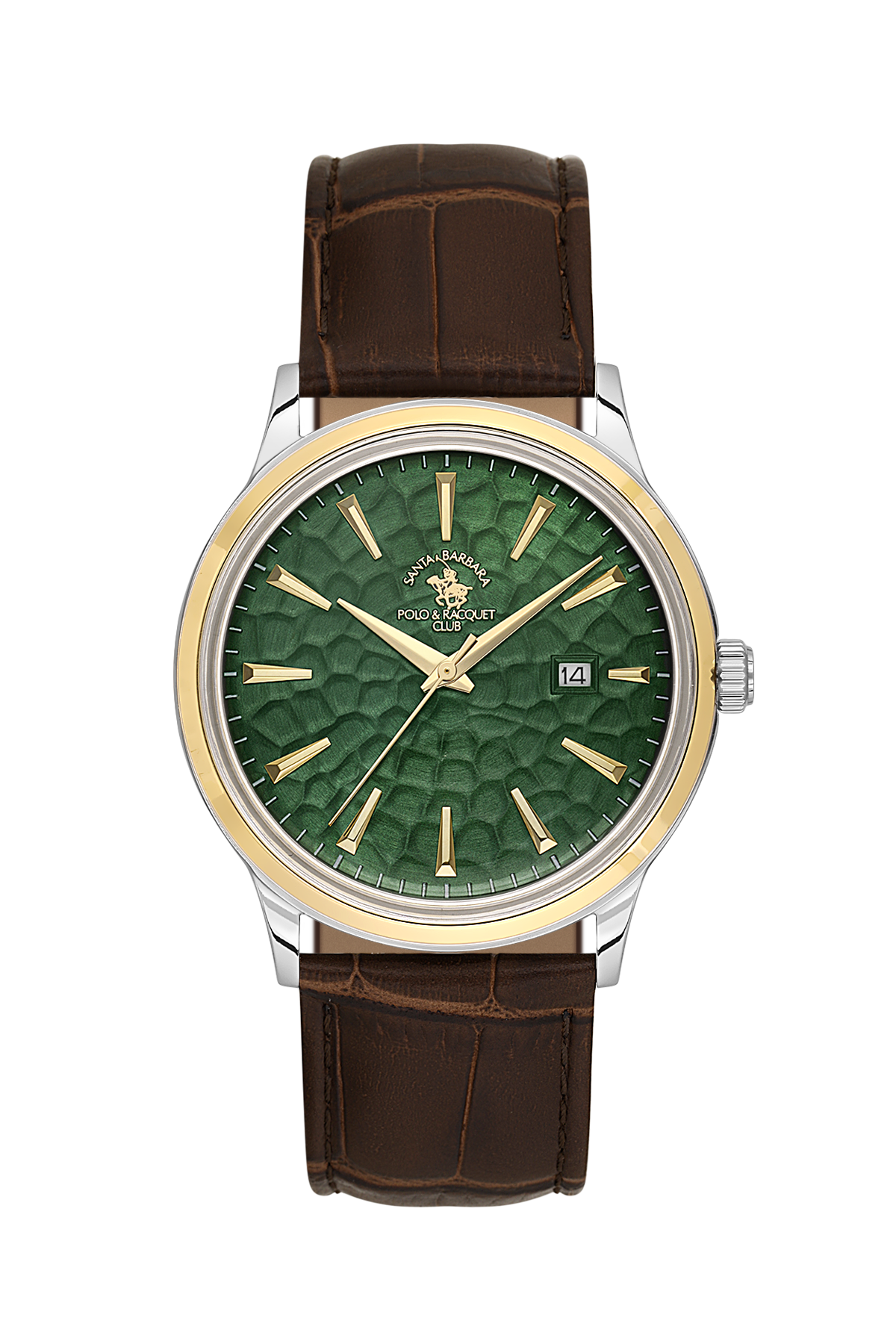 A Paul Clouzet watch featuring a textured green dial, a two-tone silver and gold case, and a brown alligator leather strap, shown against a plain white background.