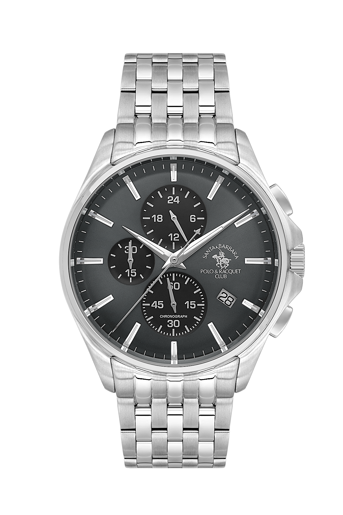 A silver stainless steel chronograph watch with a dark gray dial, featuring three sub-dials, silver-tone hour markers, and a date window at the 3 o'clock position. The brand 'POOL & COAST CLUB' is printed on the dial.
