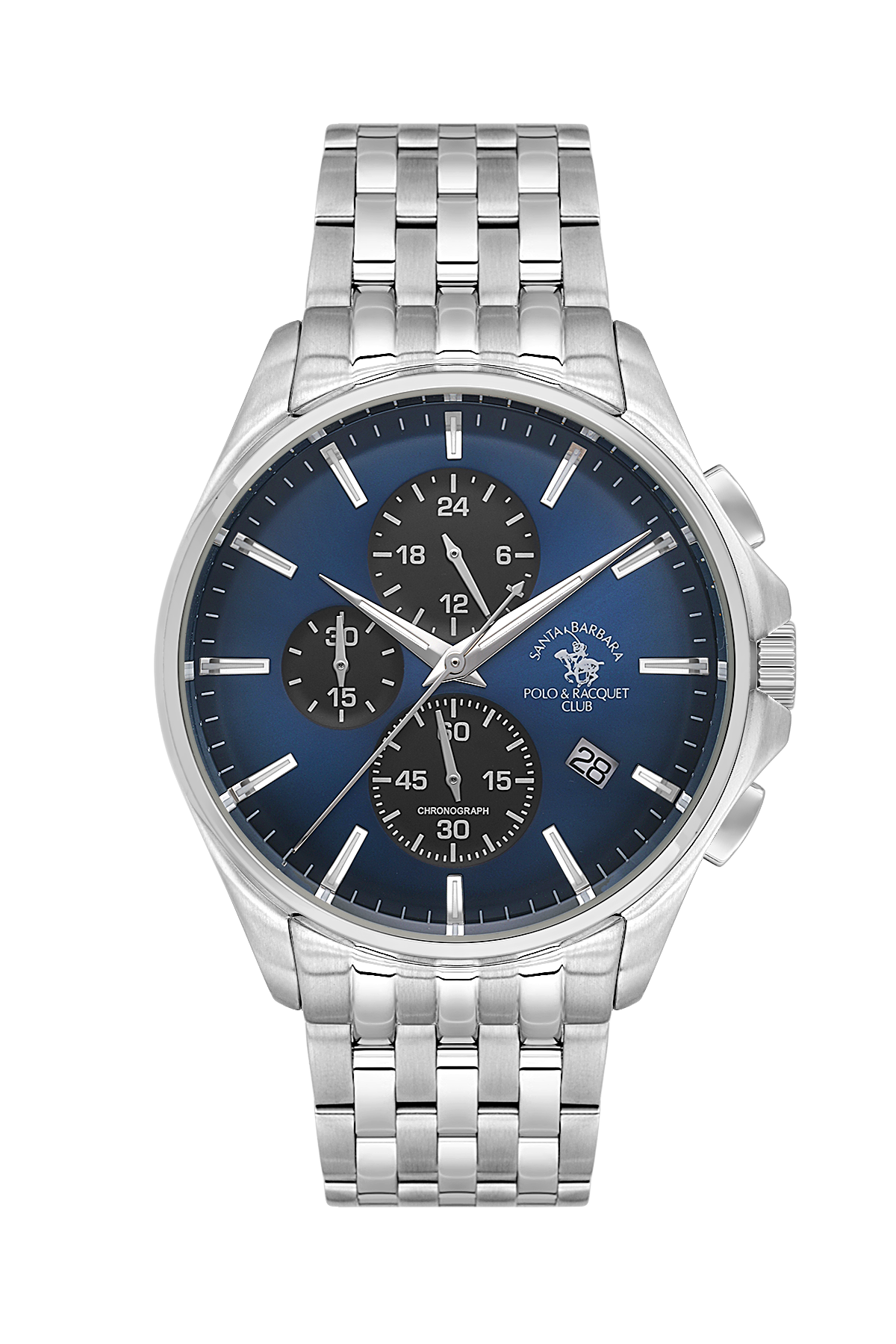 Silver watch with blue dial on a white background