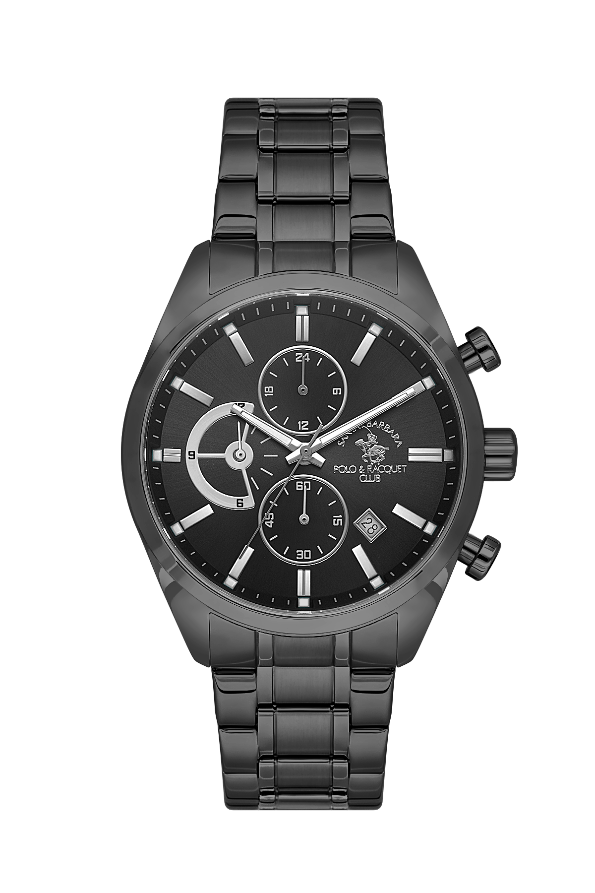 A black analog chronograph watch with a matching black metal link bracelet, featuring a black dial with white markings and hands, and the 'Polo & Lusso' brand logo on the watch face.