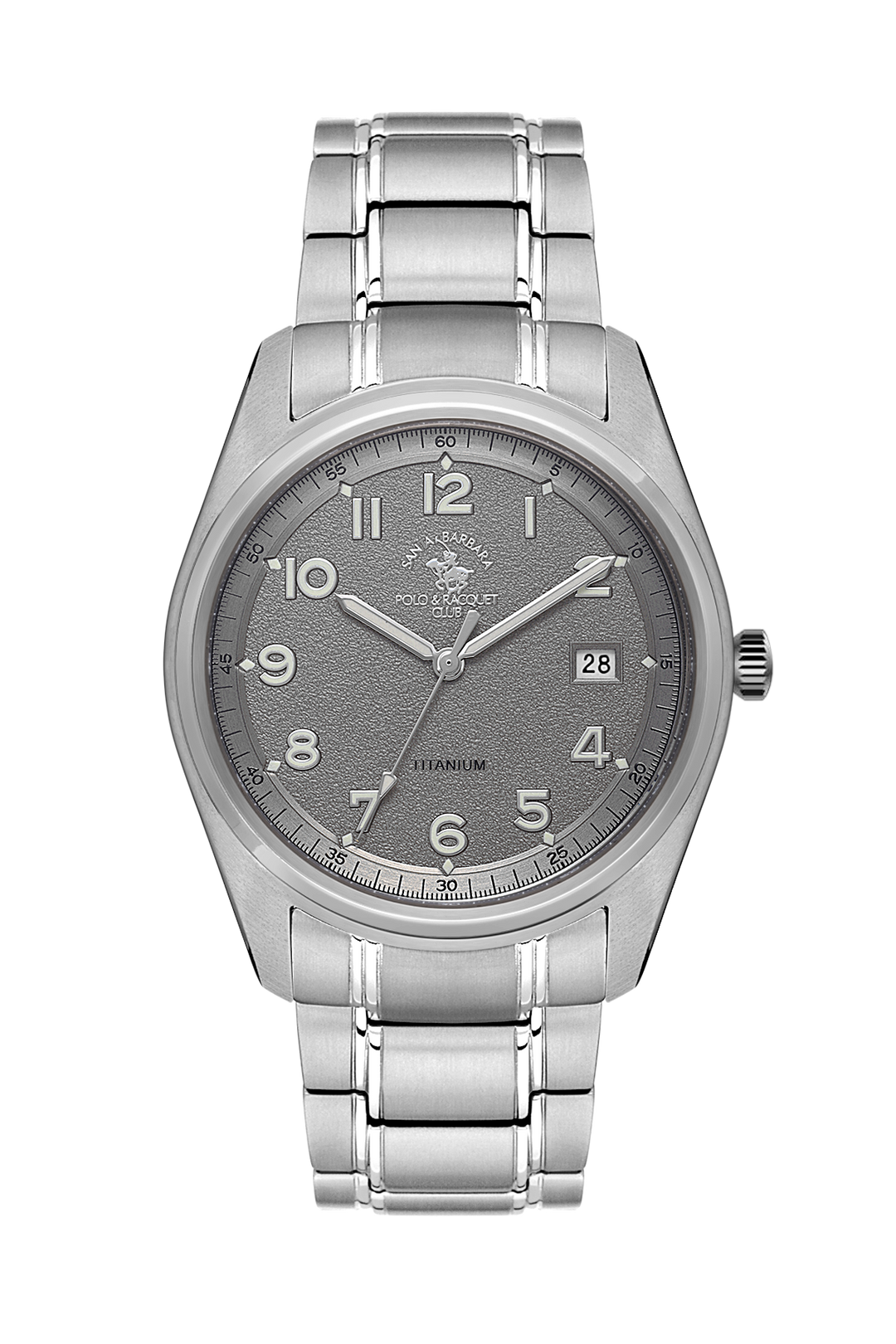 Silver wristwatch with a gray dial on a white background