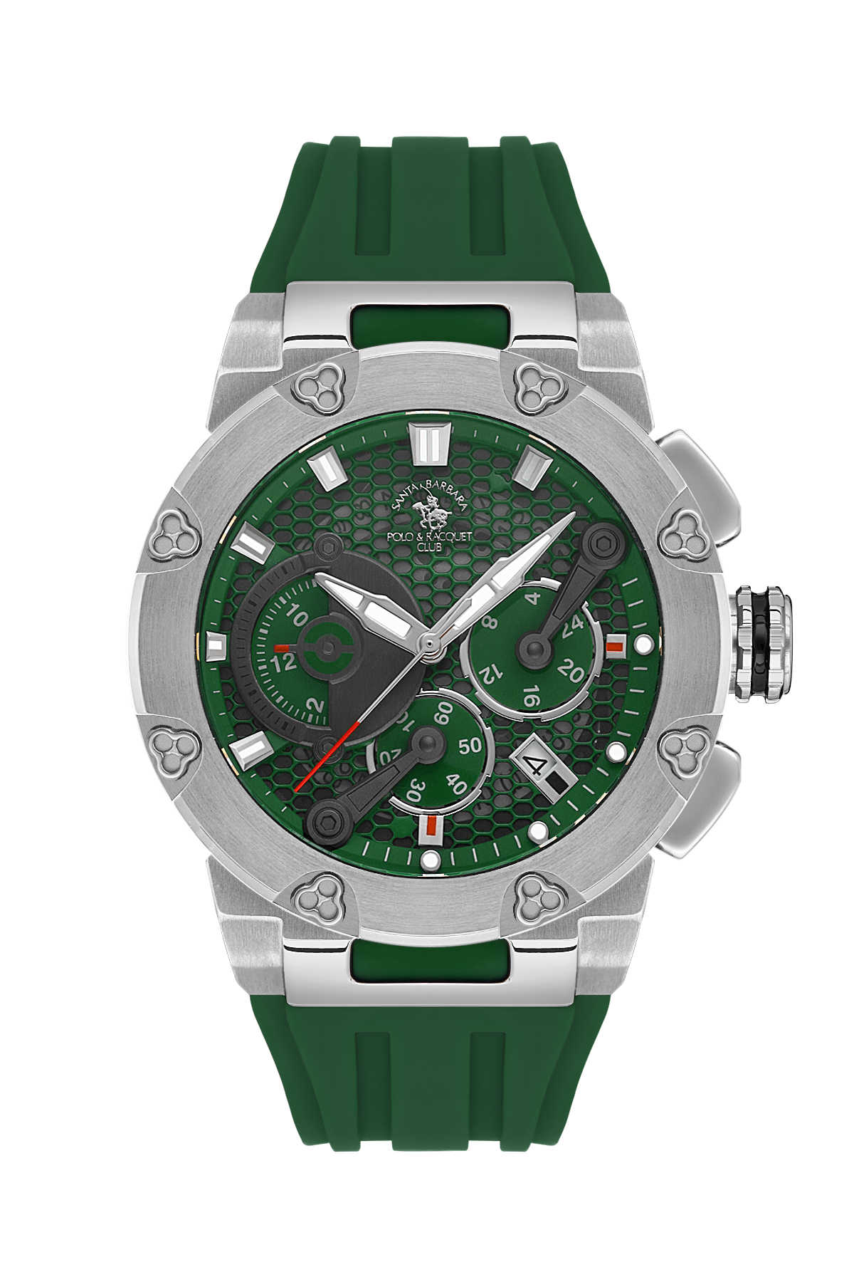 Green watch with silver case and detailed face on a white background