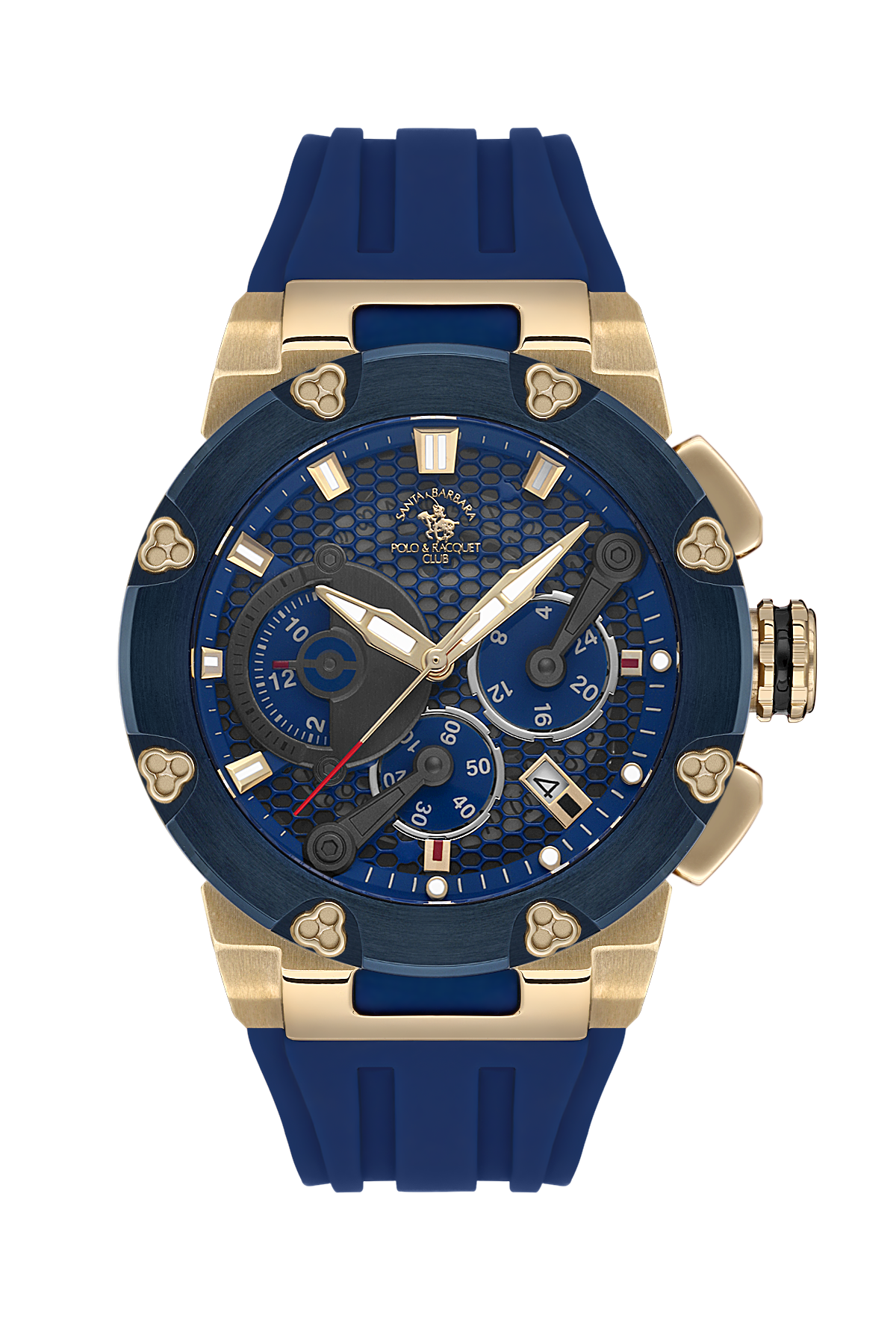 Blue and gold watch with detailed face on a white background