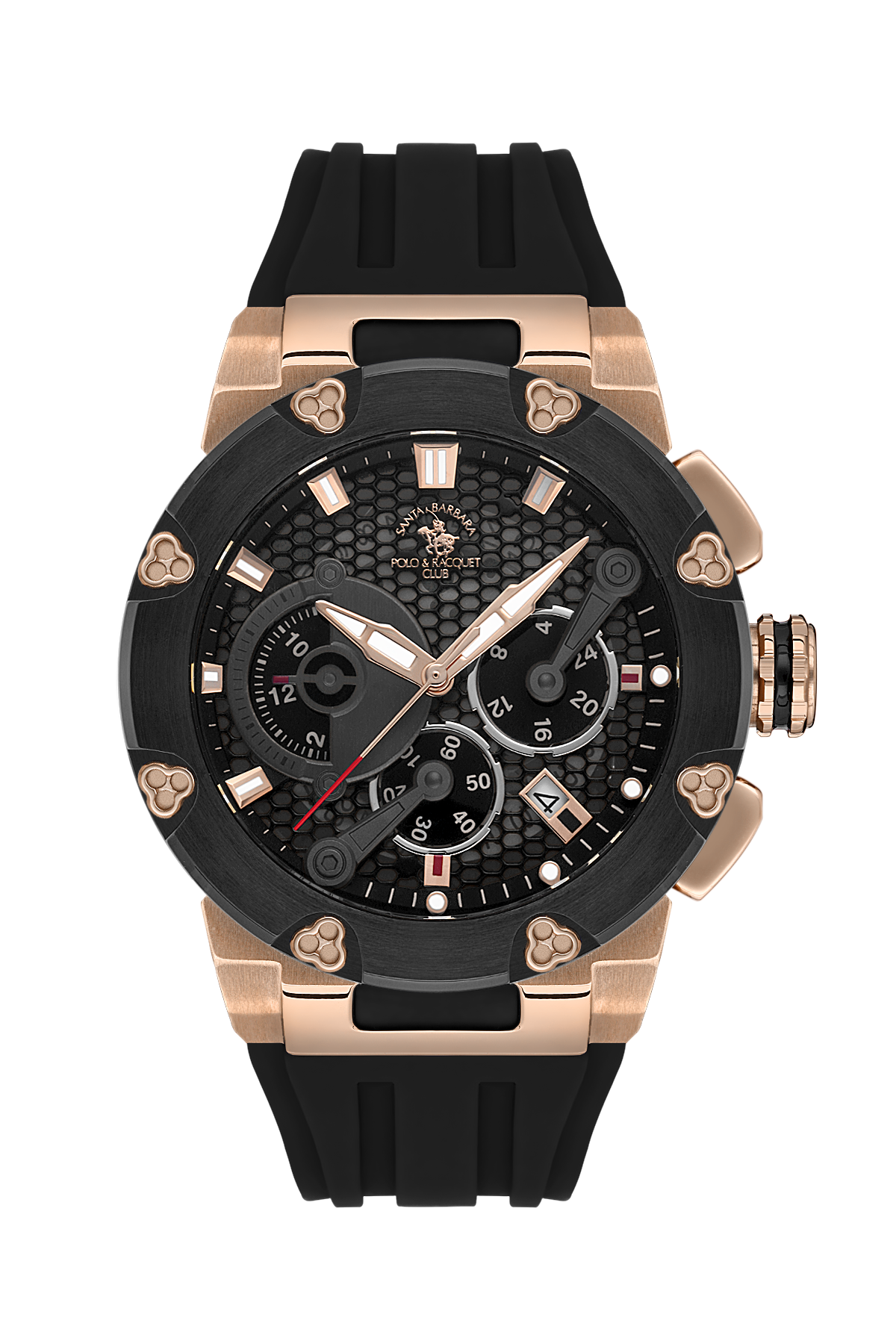 Black and rose gold watch with detailed face on a white background