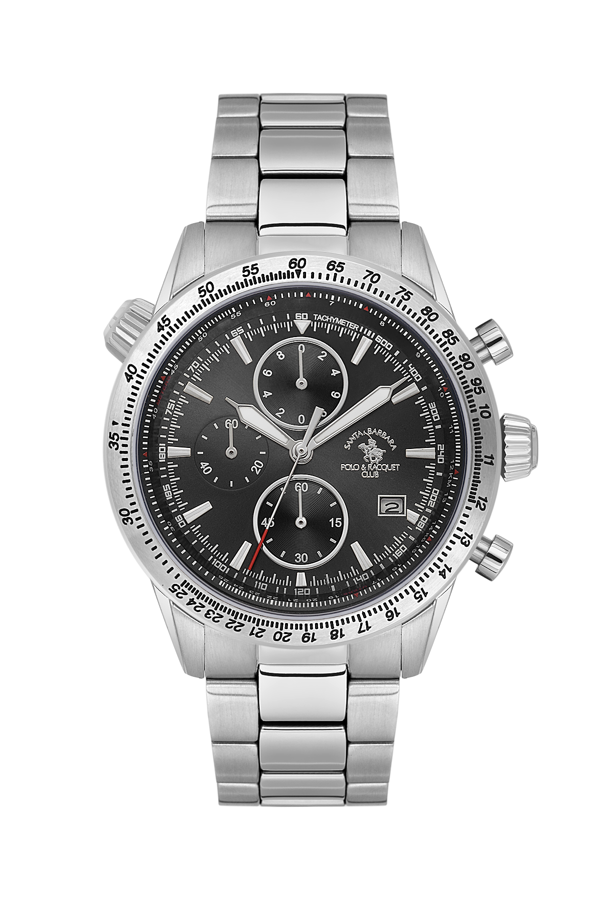 Silver watch with a black face on a white background