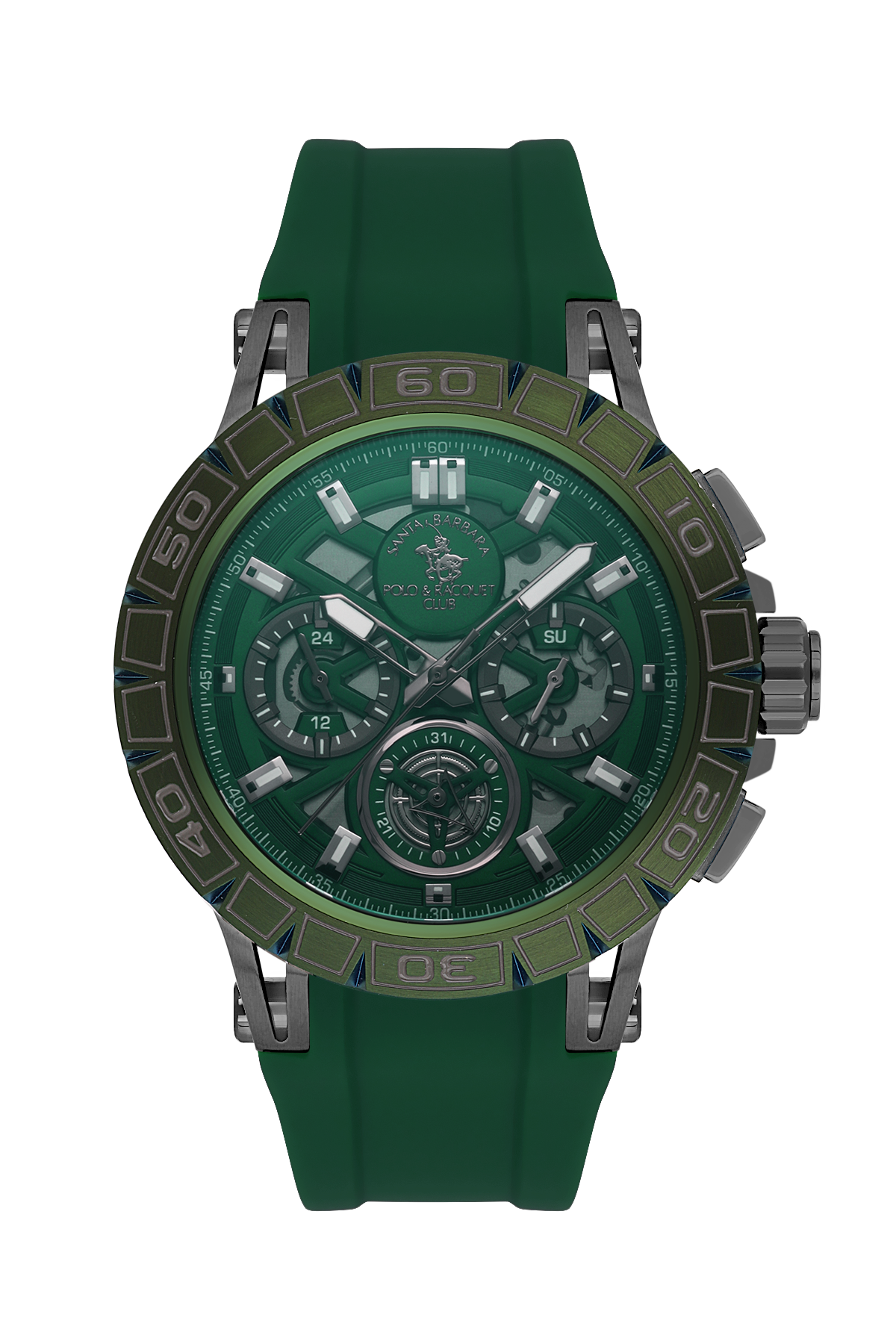 Green watch with detailed face on a white background