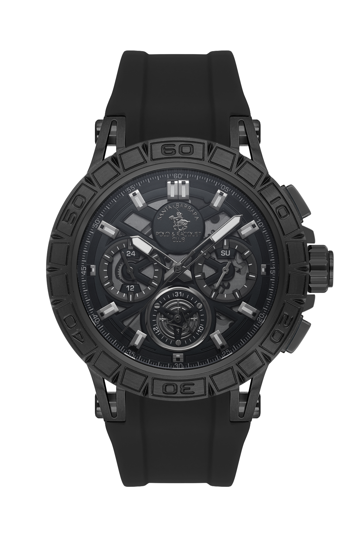 Black wristwatch with detailed face on a white background