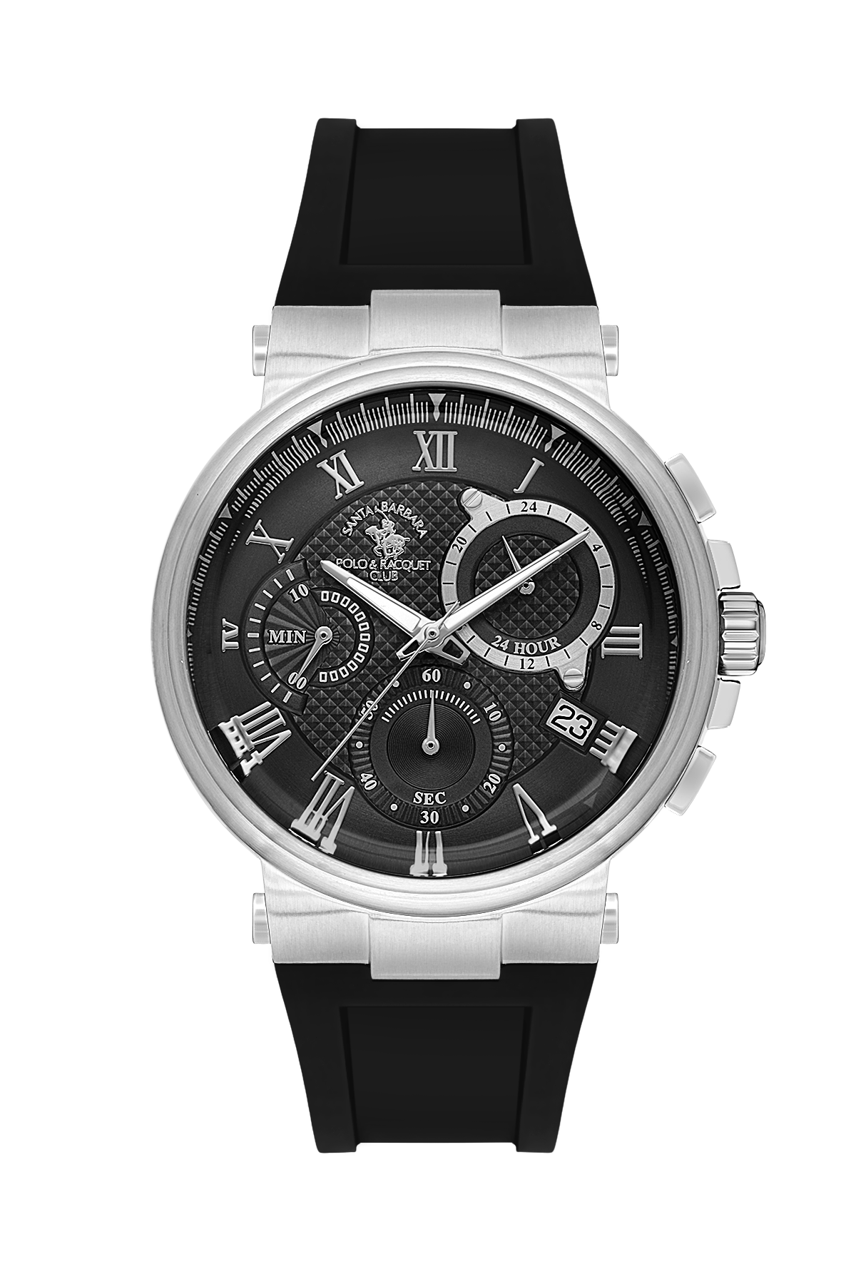 A luxury chronograph watch featuring a black dial with Roman numeral hour markers, silver-tone case, and a black rubber strap, shown against a plain white background.