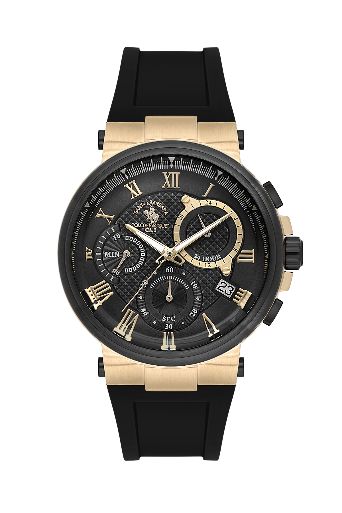 A luxury chronograph watch by Polo Ralph Lauren, featuring a black textured dial with gold-tone Roman numerals, gold hands, and gold-tone bezel and case accents, paired with a black rubber strap.