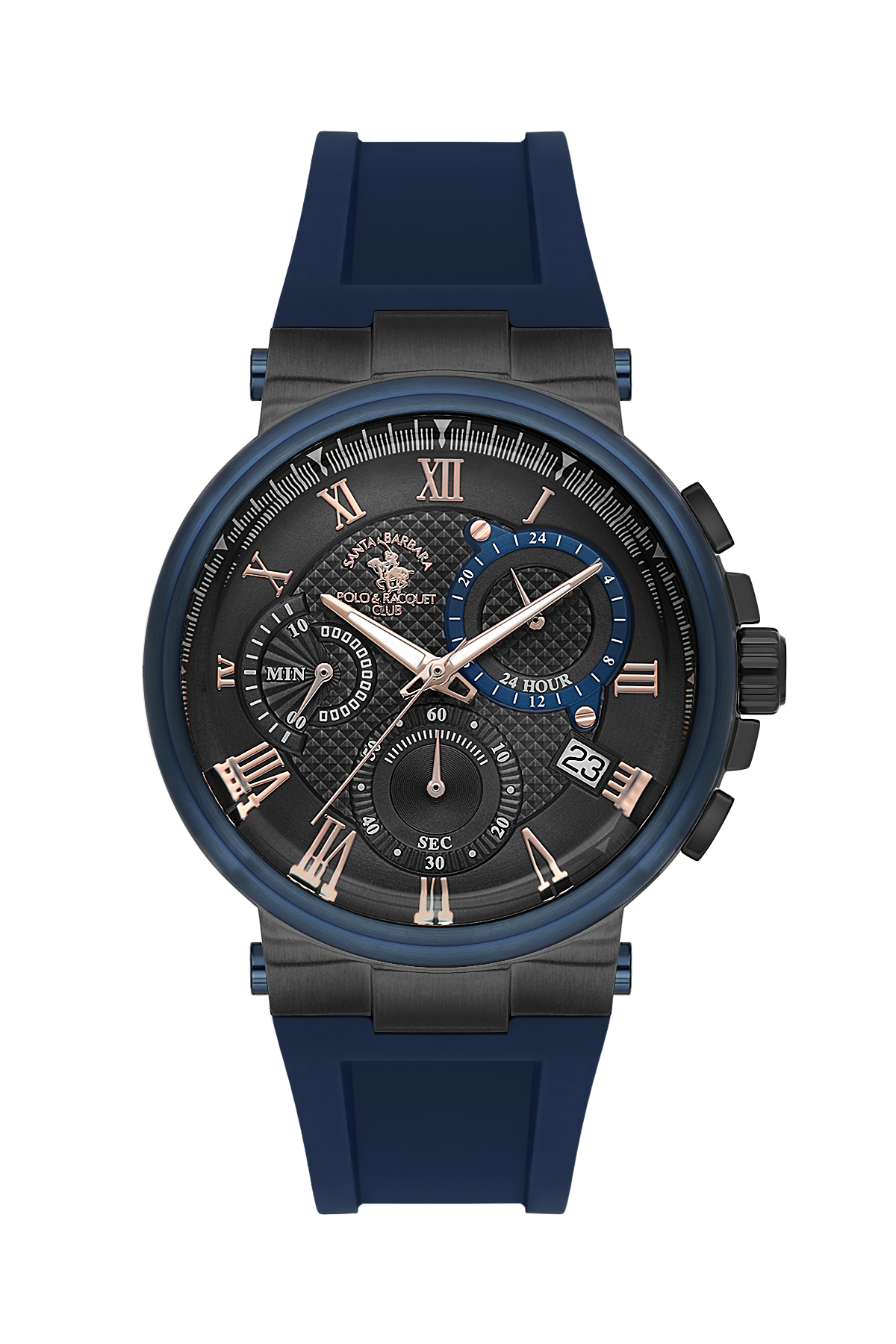 A men's chronograph watch by U-1 Time, featuring a dark gray and navy blue case, a black dial with Roman numerals, and a matching dark blue silicone strap, shown against a plain white background.