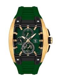 Wristwatch with green strap and gold case on a white background