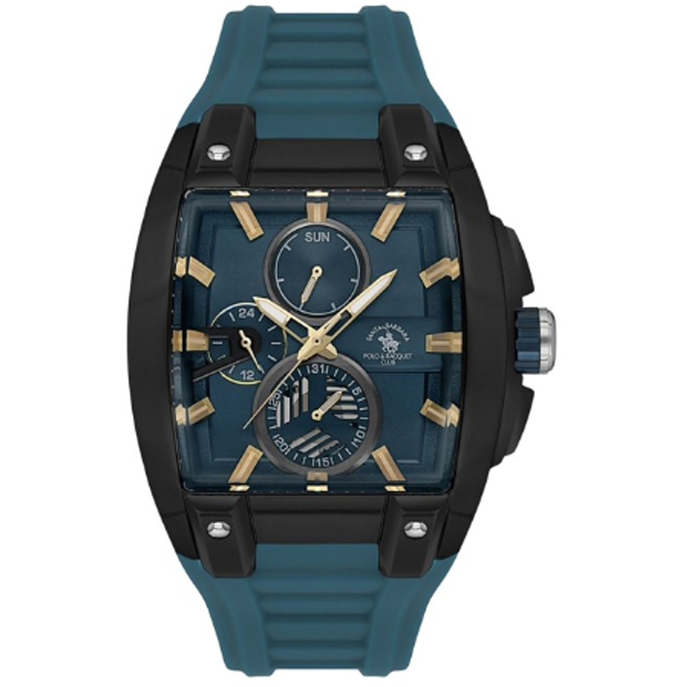 Blue and black watch with detailed face on a white background