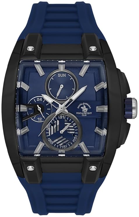 Blue watch with black accents on a white background