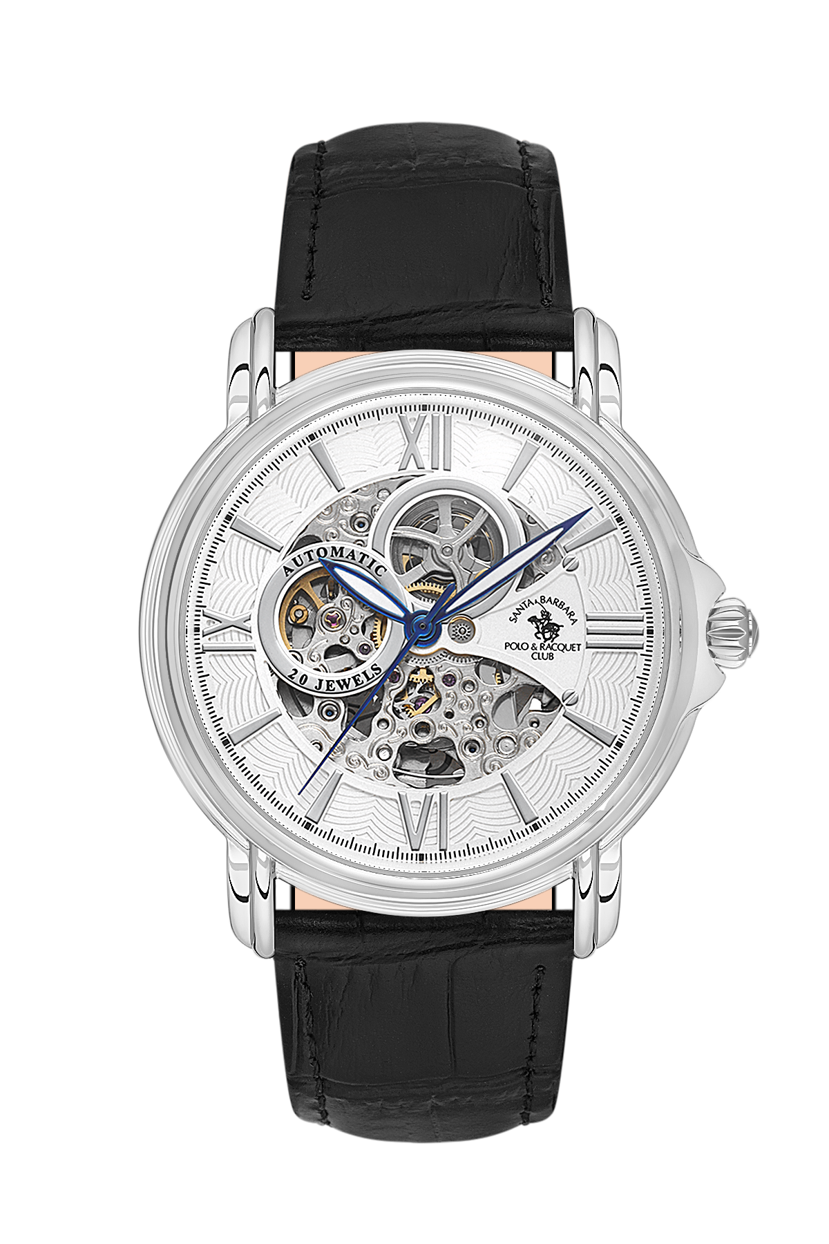 Watch with black leather strap and visible mechanical components on a white background