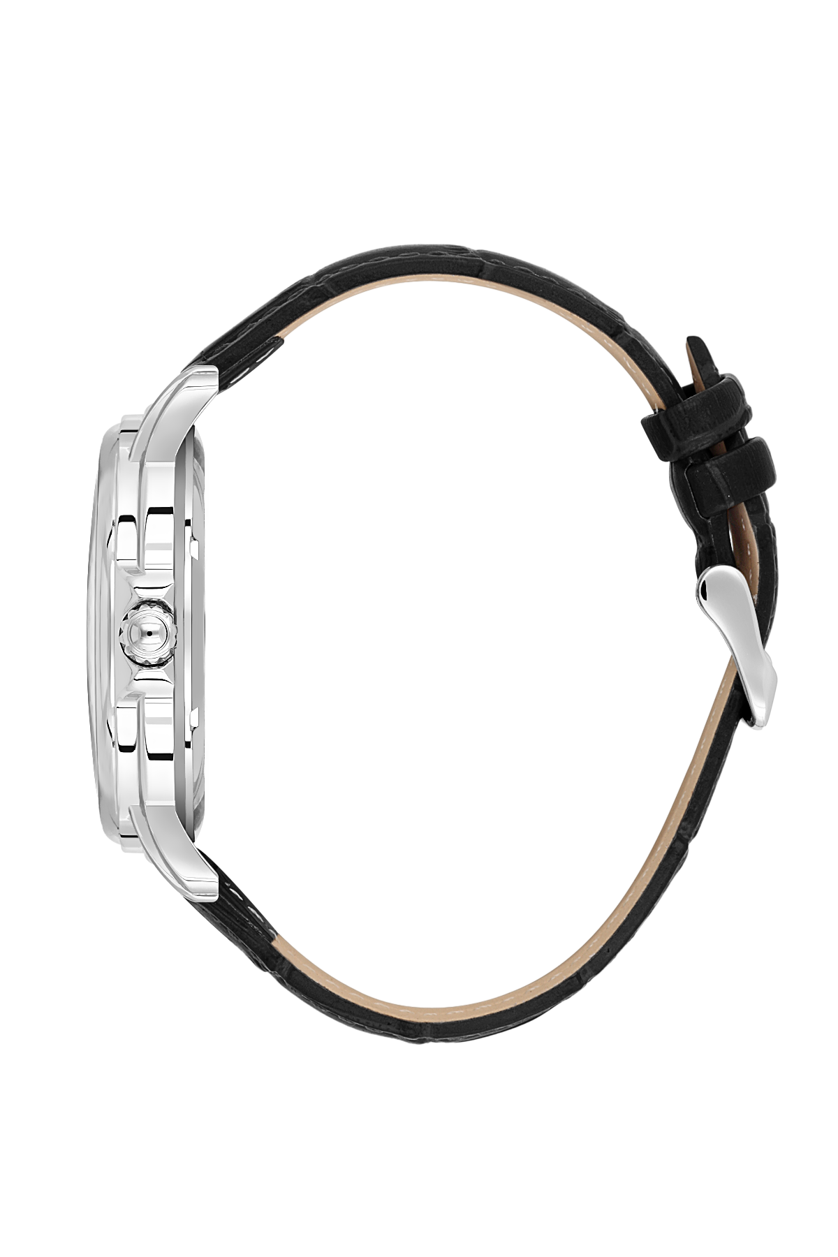 Close-up of a watch with a black strap and silver case on a white background