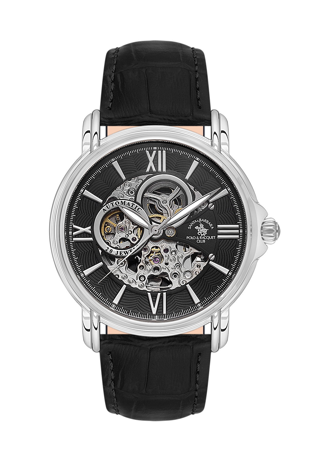 Black wristwatch with a visible mechanical movement on a white background