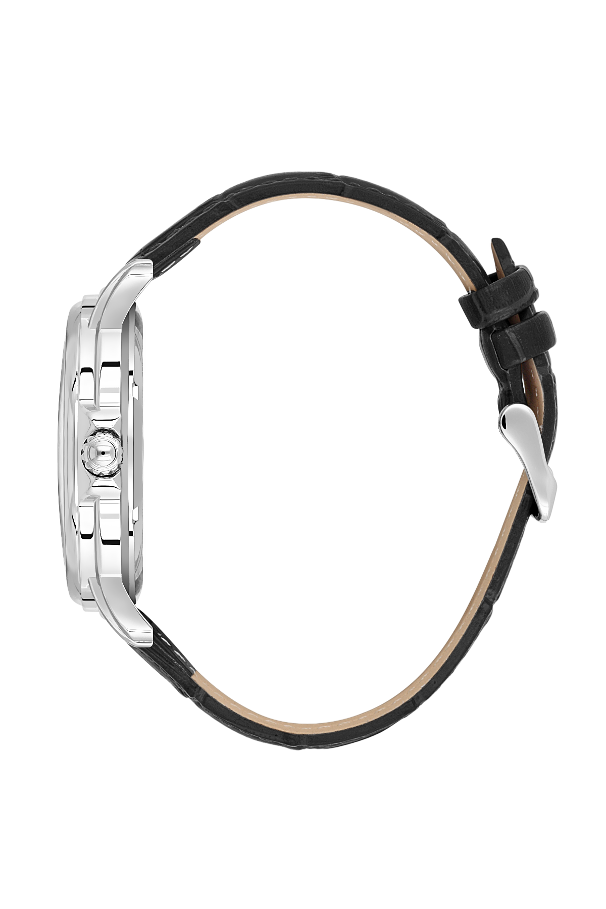 Watch with black leather strap and silver case on a white background