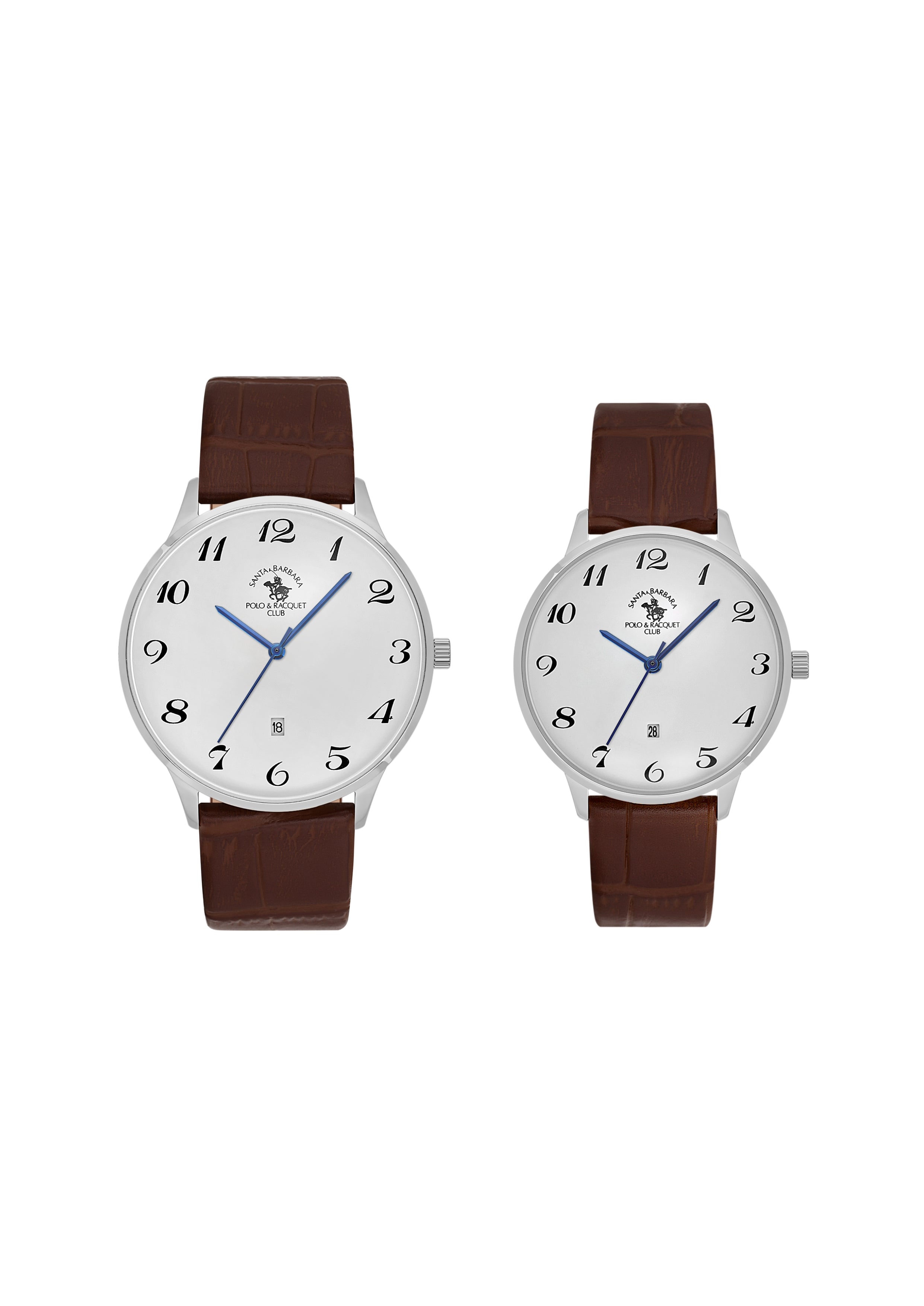 Two watches with brown straps on a white background