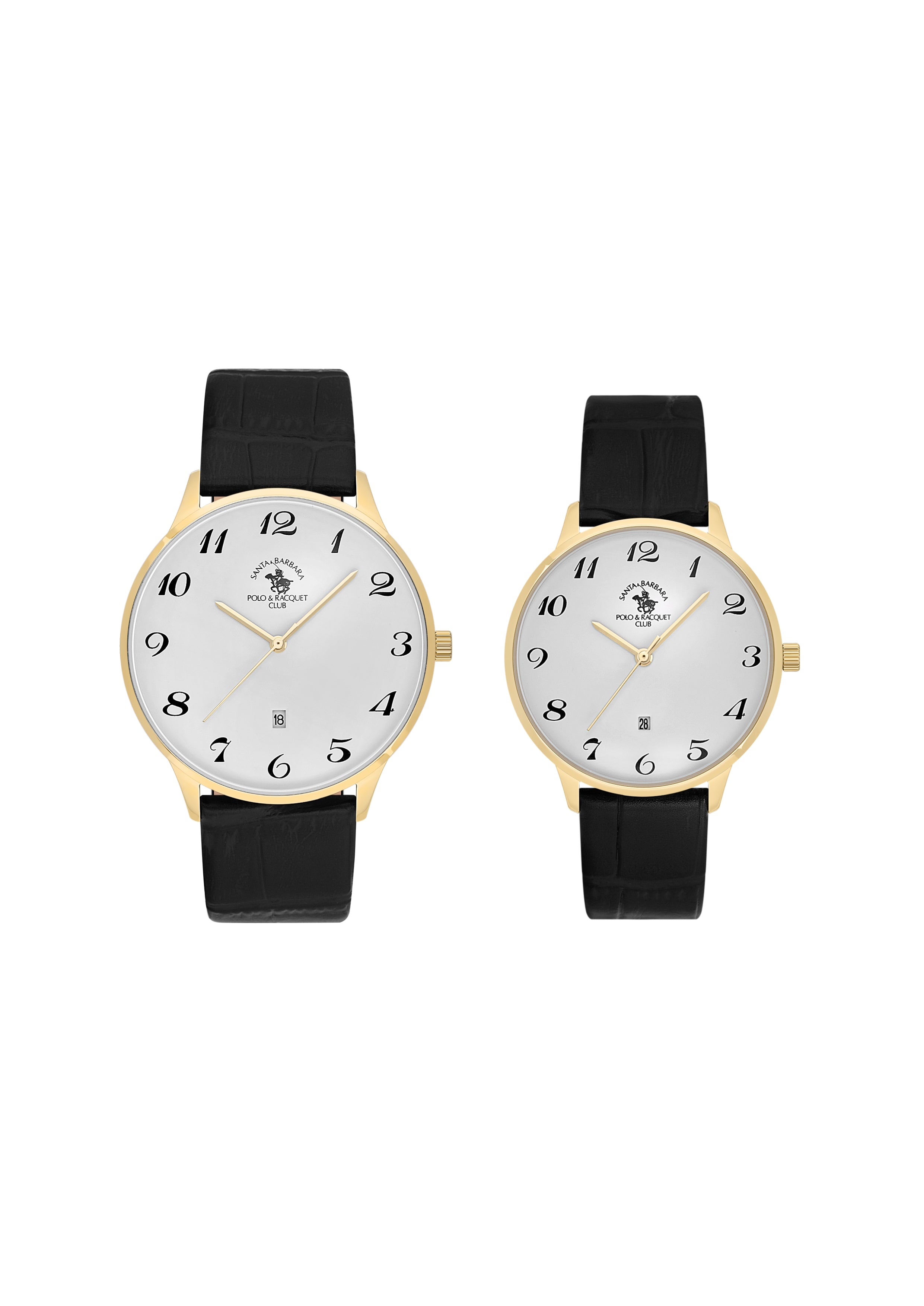 Two watches with black straps and white faces on a white background