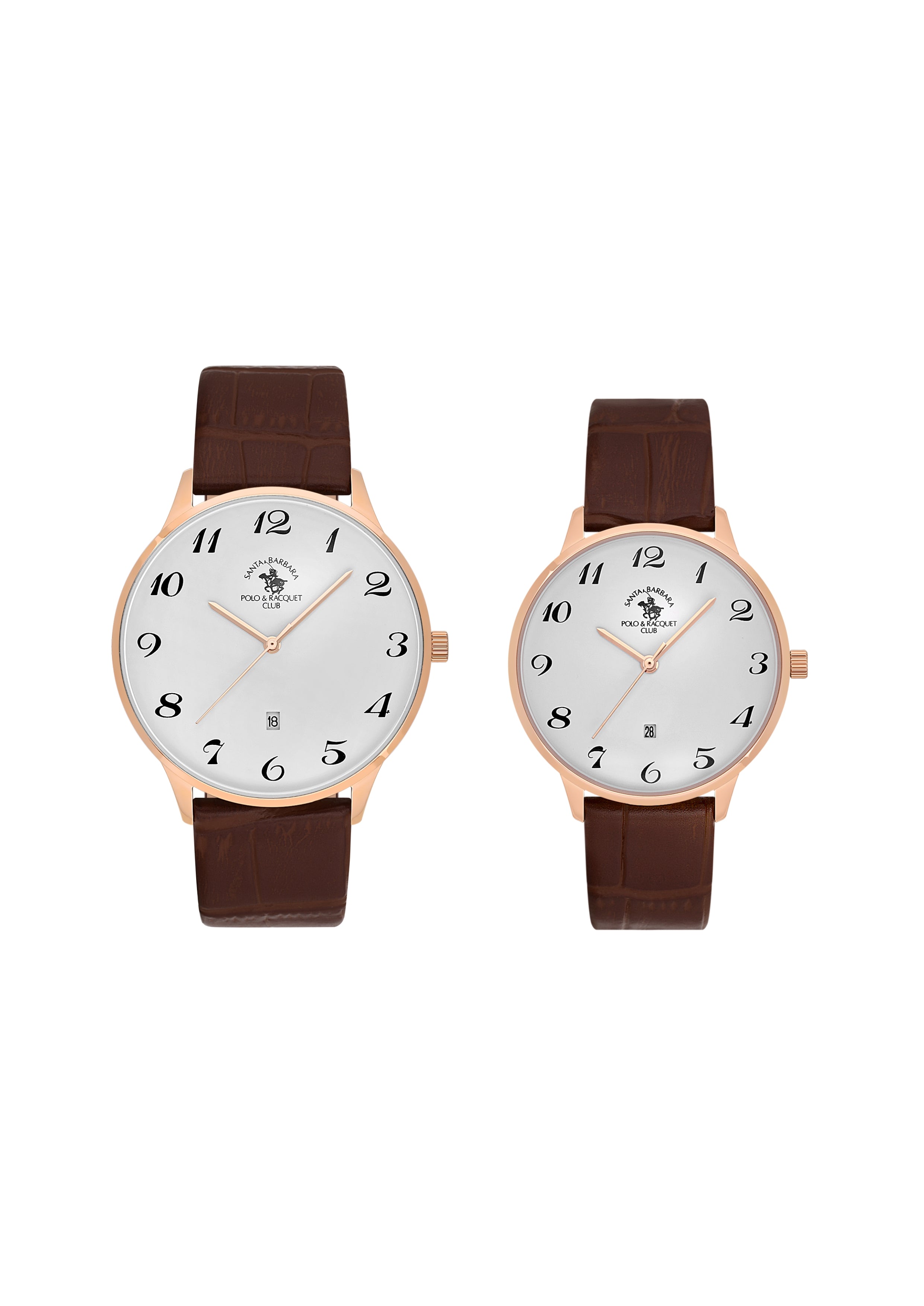 Two watches with brown straps and white faces on a white background